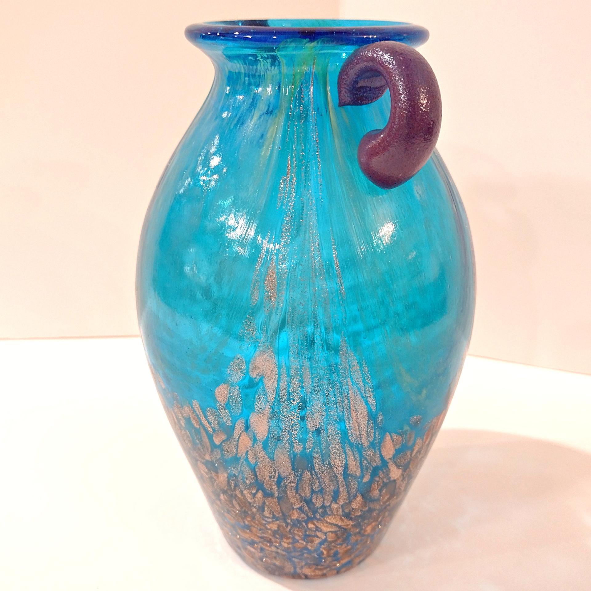 Vintage Dale Tiffany Peacock Blue Favrile Glass Amphora Vase with Copper Flecks and Amethyst Handles