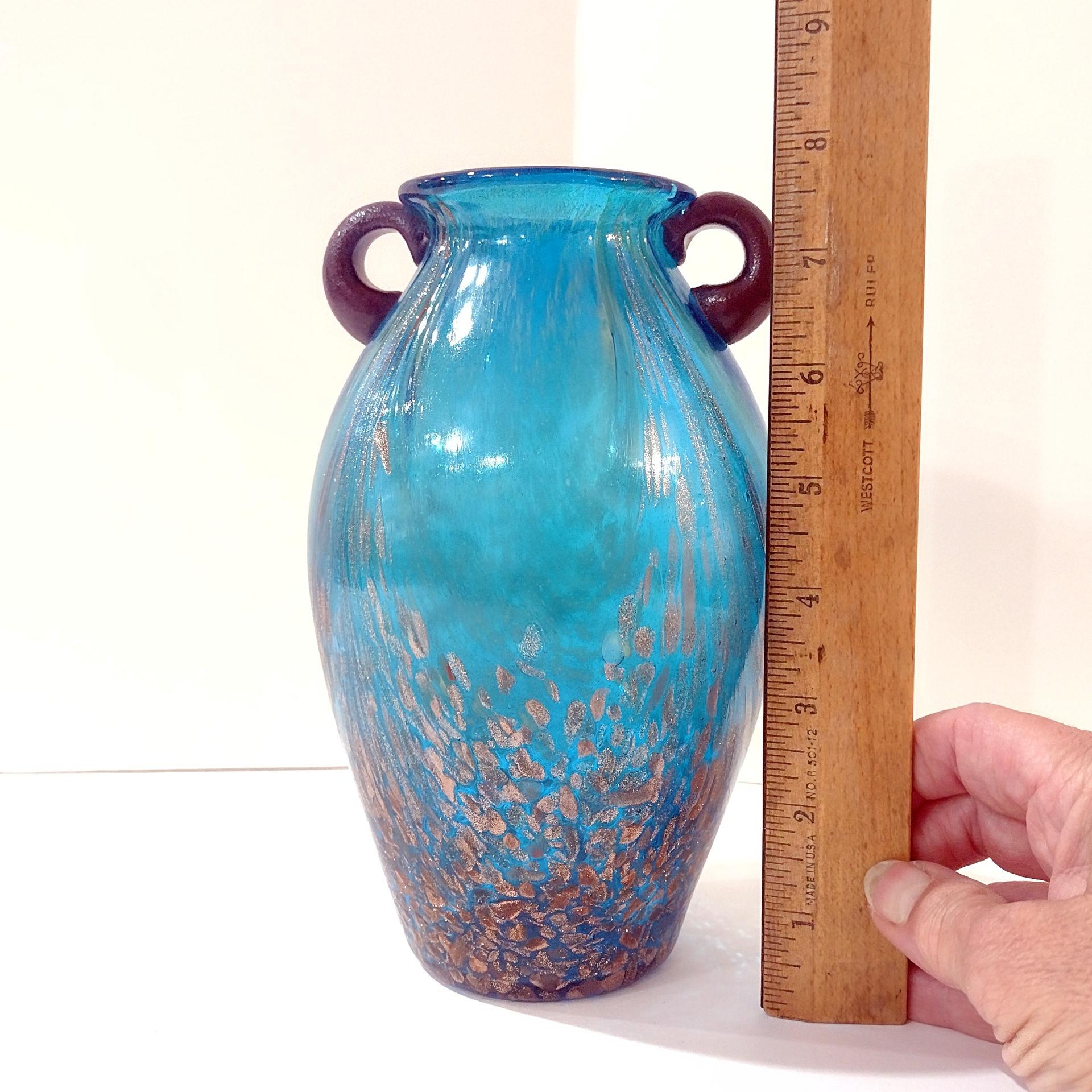 Vintage Dale Tiffany Peacock Blue Favrile Glass Amphora Vase with Copper Flecks and Amethyst Handles