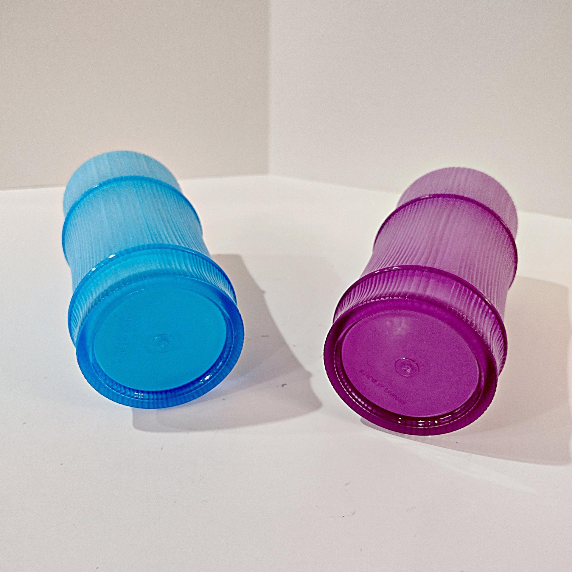 Vintage Bamboo Tiki Tumblers, Ribbed Plastic Blue and Purple Luau Drinkware, Set of Two