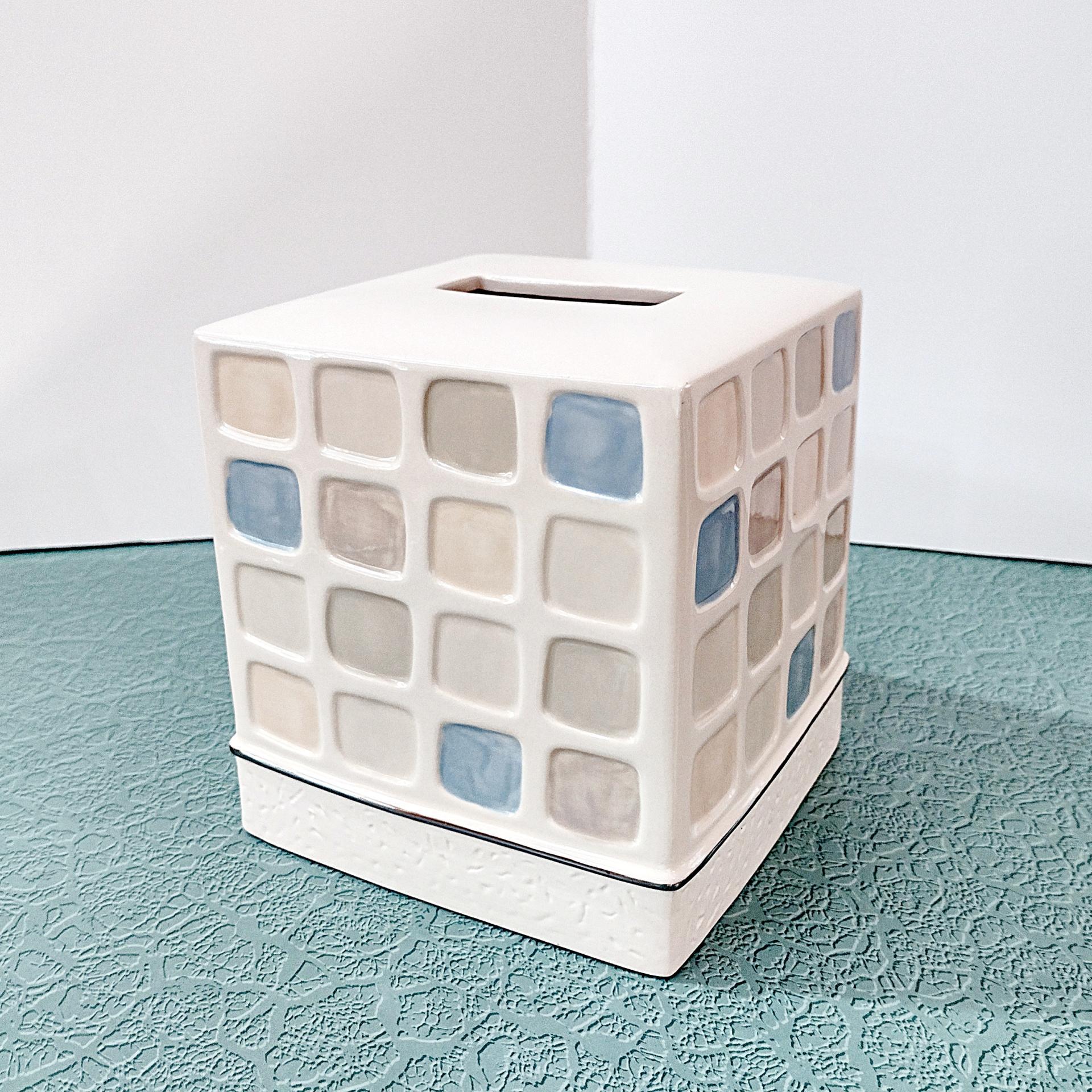 Vintage Ceramic Square Tissue Box Cover Holder with Blue Beige Tan Mosaic Geometric Design