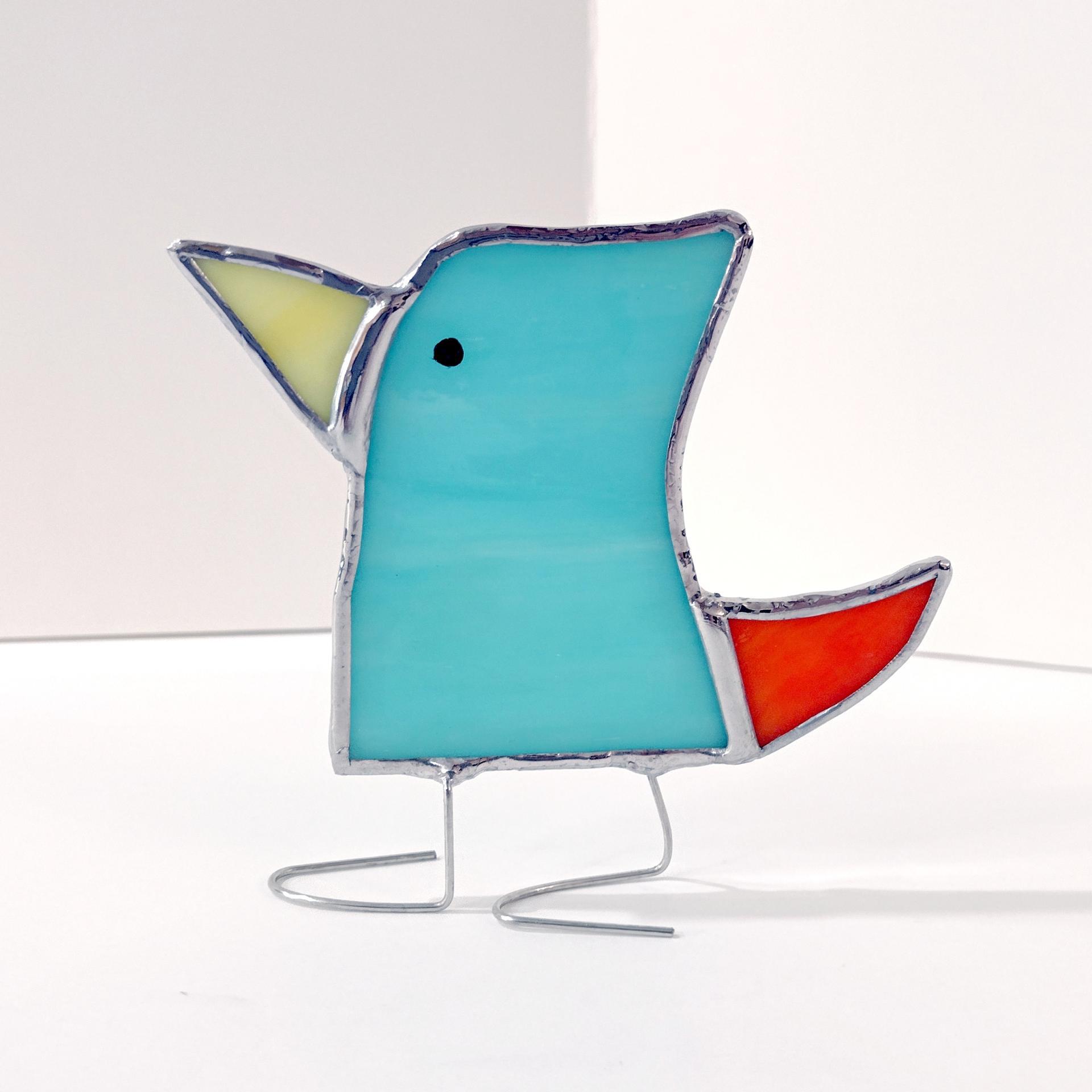 Stained Glass Standing Bird, Funky Glass Bird, Aqua Blue and Orange Bird Suncatcher, Windowsill Sitter Free Standing Bird