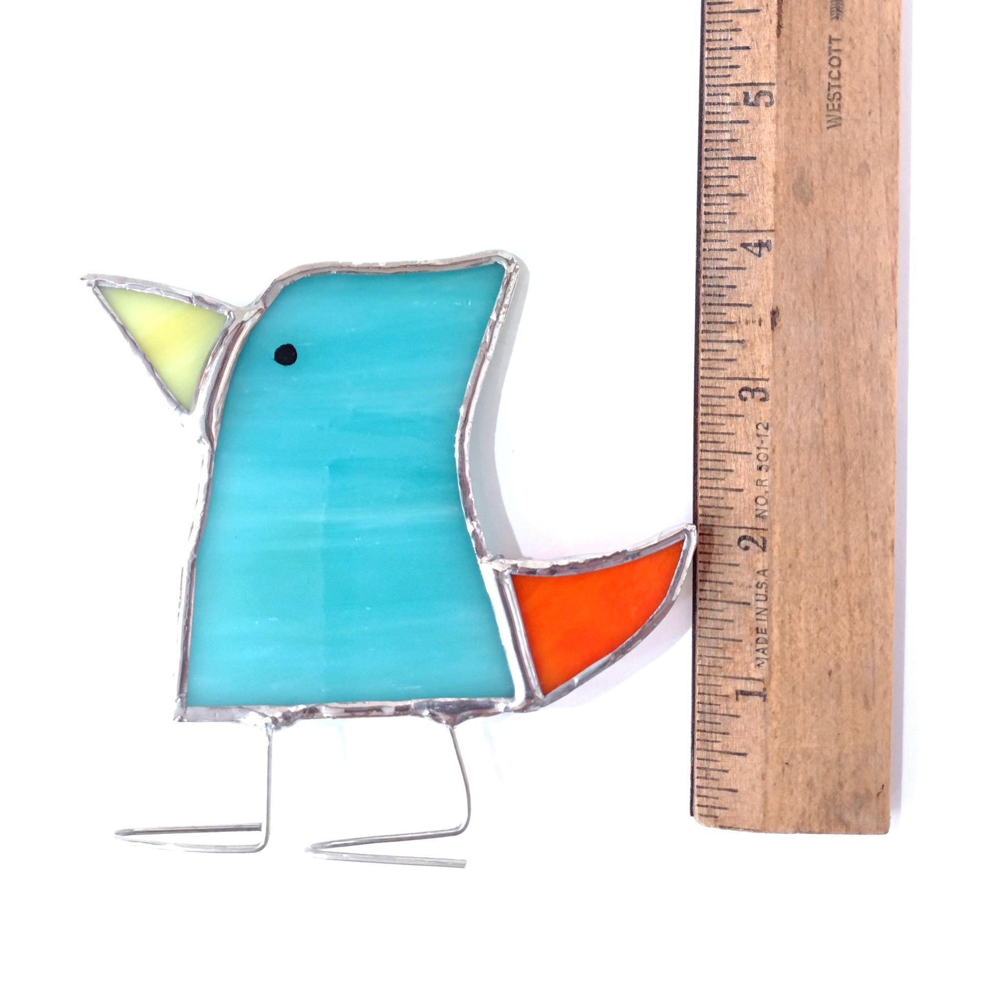 Stained Glass Standing Bird, Funky Glass Bird, Aqua Blue and Orange Bird Suncatcher, Windowsill Sitter Free Standing Bird