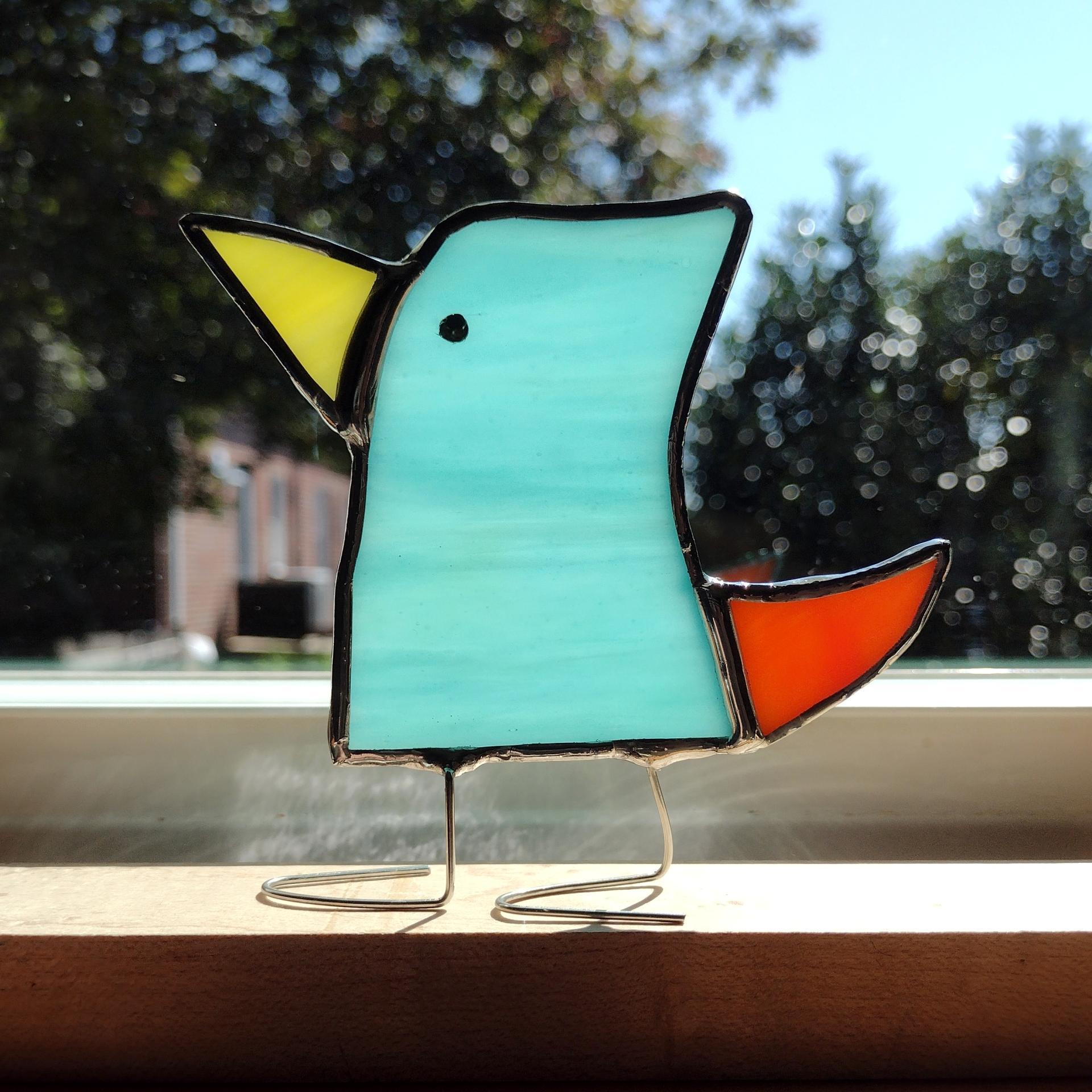 Stained Glass Standing Bird, Funky Glass Bird, Aqua Blue and Orange Bird Suncatcher, Windowsill Sitter Free Standing Bird