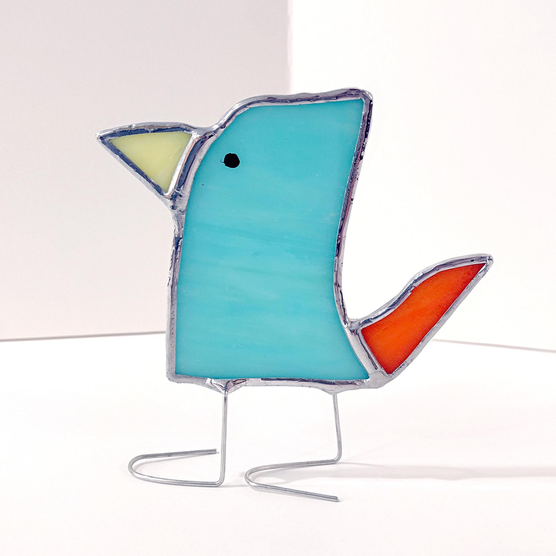 Stained Glass Standing Bird, Funky Glass Bird, Aqua Blue and Orange Bird Suncatcher, Windowsill Sitter Free Standing Bird