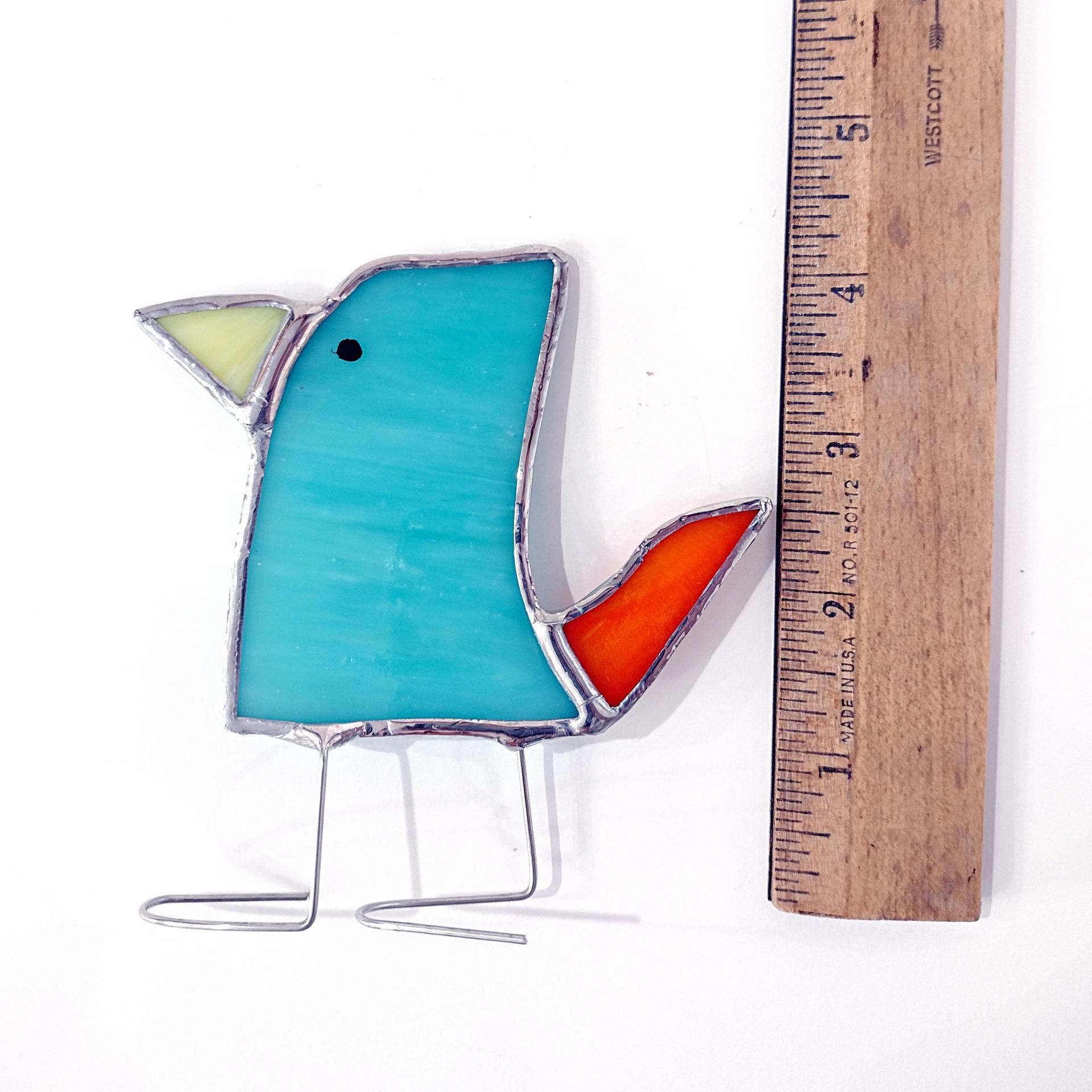 Stained Glass Standing Bird, Funky Glass Bird, Aqua Blue and Orange Bird Suncatcher, Windowsill Sitter Free Standing Bird