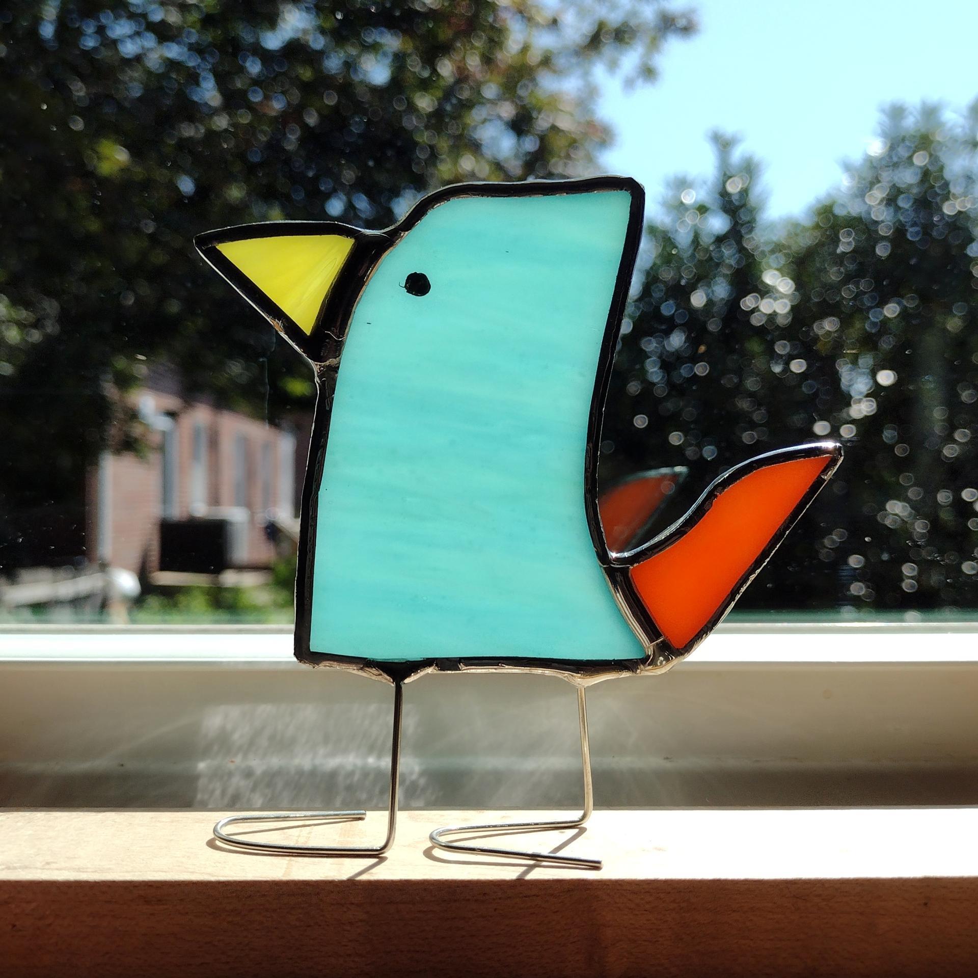 Stained Glass Standing Bird, Funky Glass Bird, Aqua Blue and Orange Bird Suncatcher, Windowsill Sitter Free Standing Bird