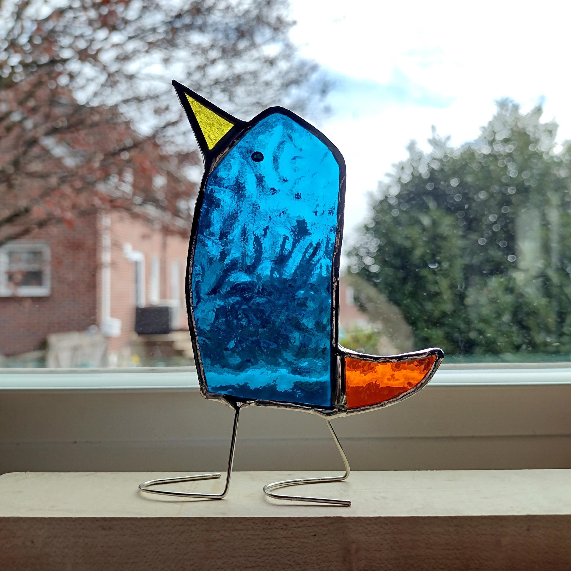 Stained Glass Standing Bird, Funky Glass Bird, Turquoise Aqua Blue and Orange Bird Suncatcher, Windowsill Free Standing Bird