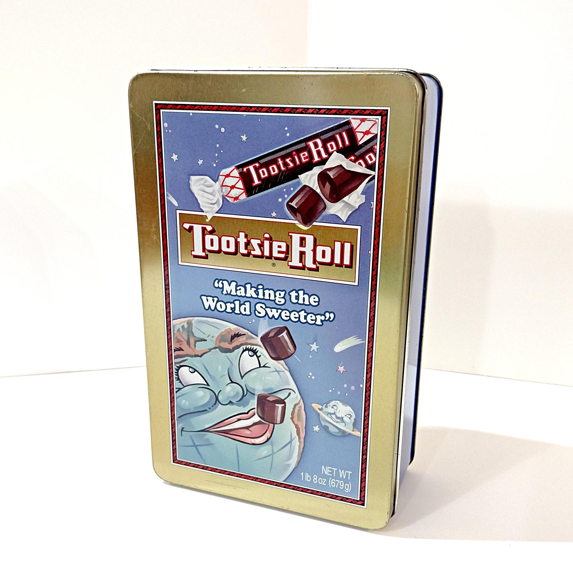 Vintage Tootsie Roll Blue Moonface Making the World Sweeter Tin Box, Retro Rectangular Metal Storage Container