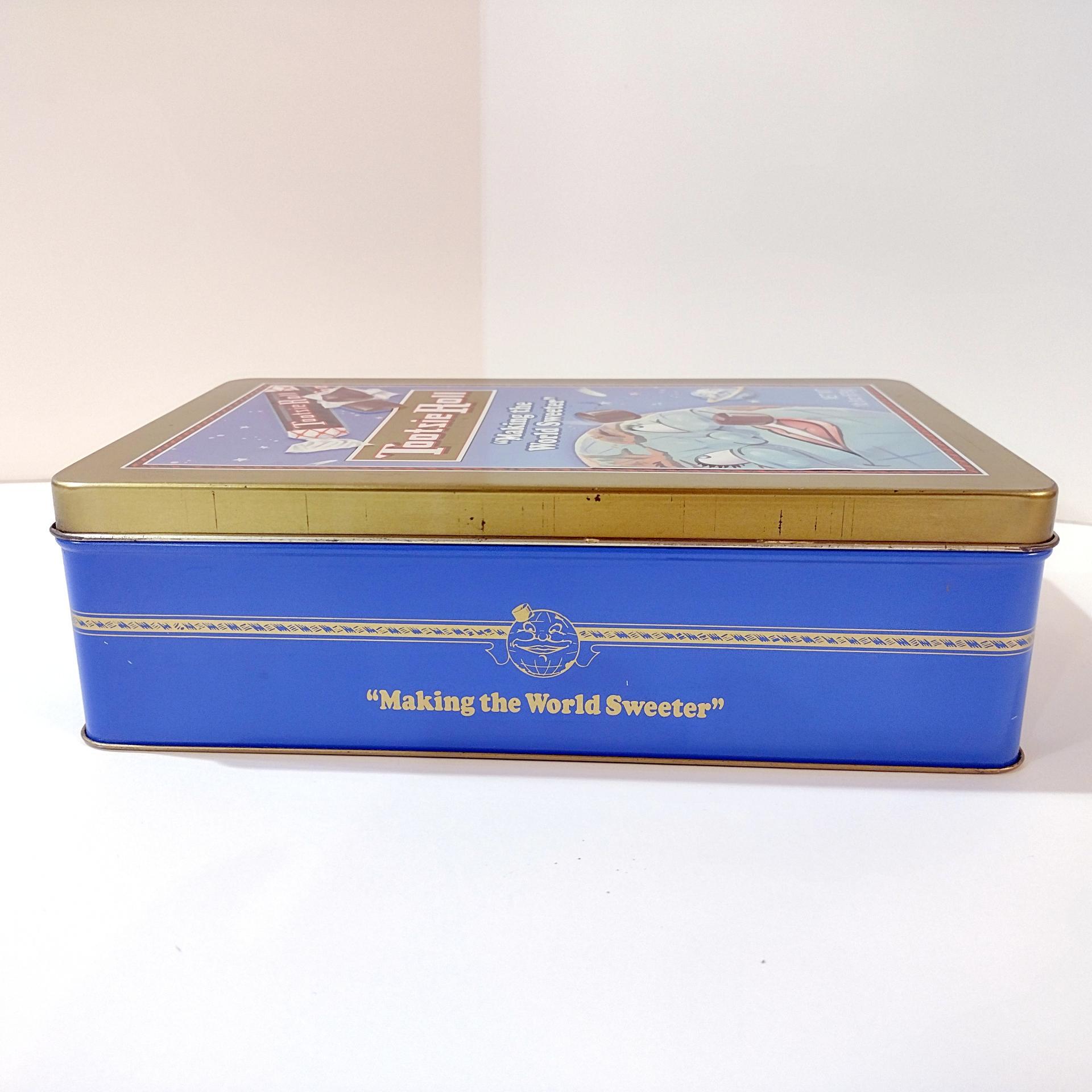Vintage Tootsie Roll Blue Moonface Making the World Sweeter Tin Box, Retro Rectangular Metal Storage Container