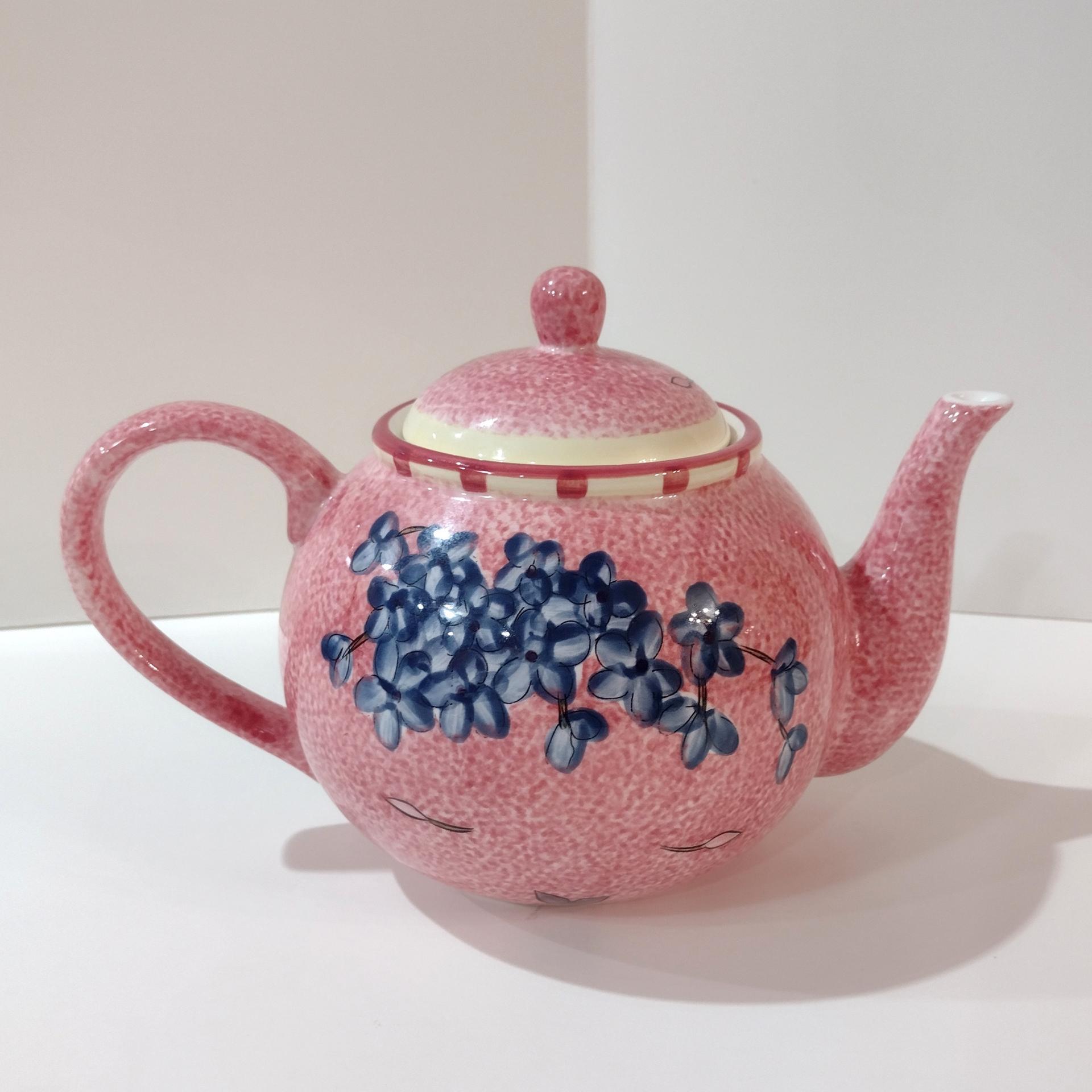 Vintage Laurie Gates Hydrangea Ceramic Pink Spongeware Tea Pot