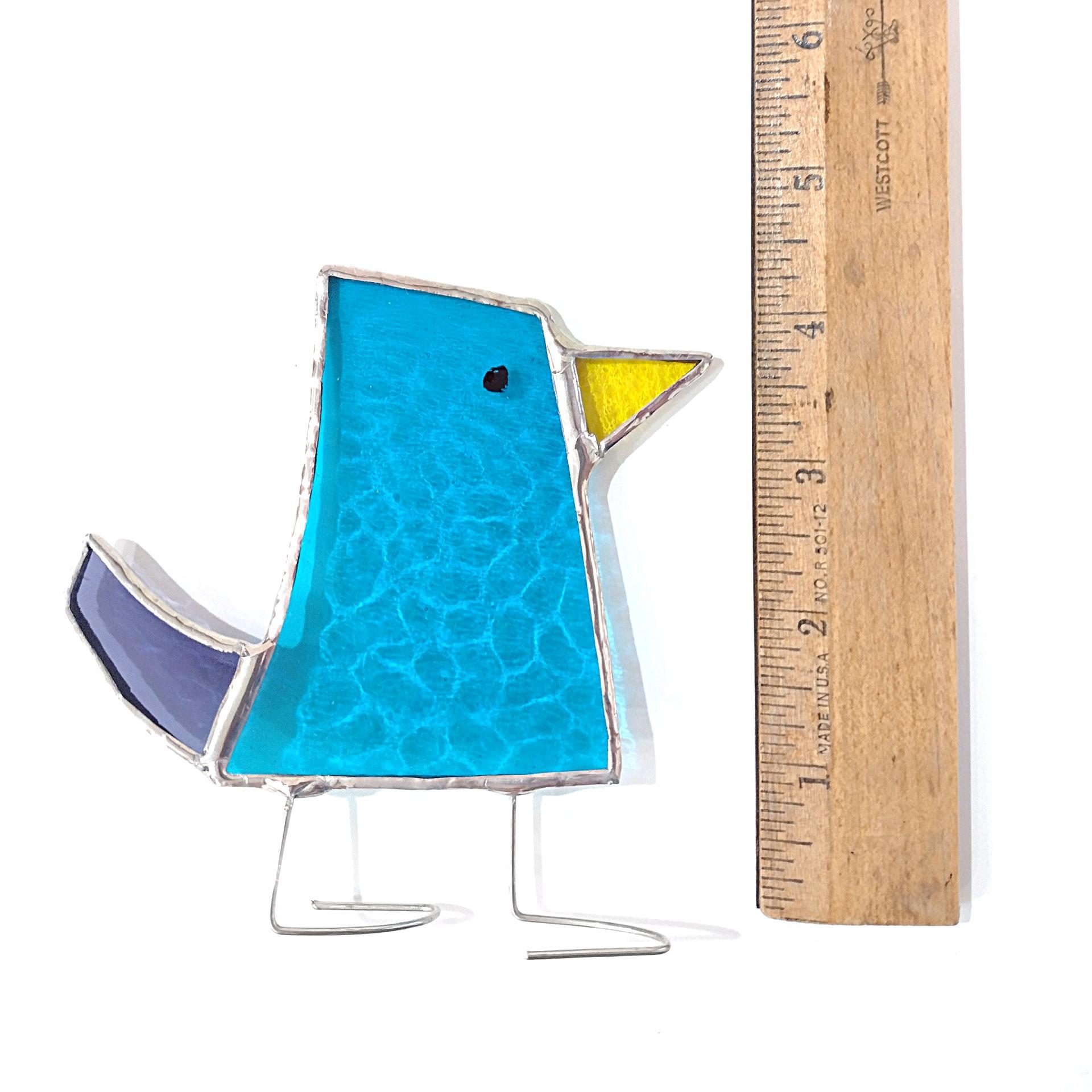 Stained Glass Standing Bird, Funky Turquoise Blue and Purple Glass Bird Suncatcher, Bird Lover Gift, Windowsill Sitter