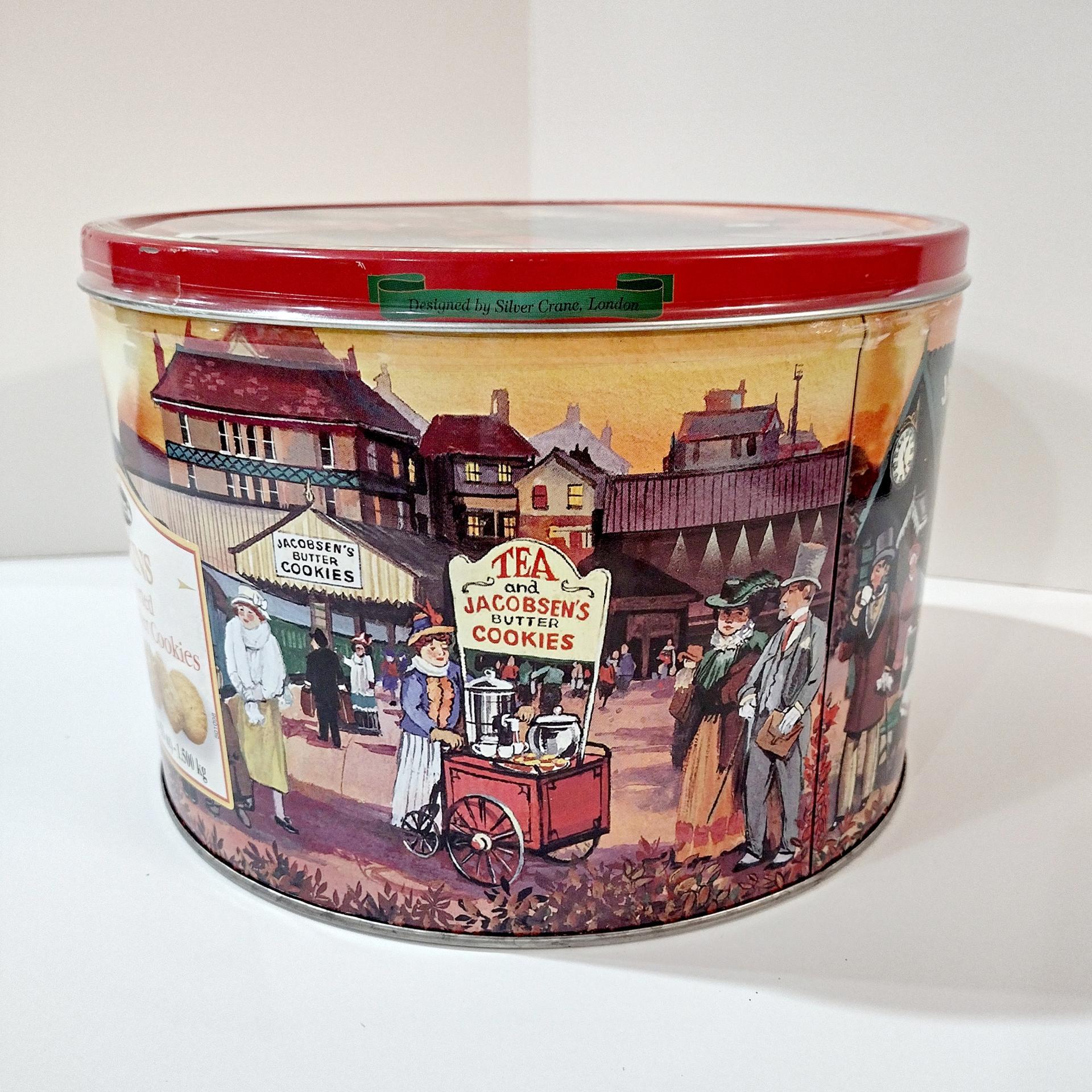 Vintage Jacobsen's of Denmark Butter Cookie Train Station Tin, Large Round Train Themed Metal Storage Tin.
