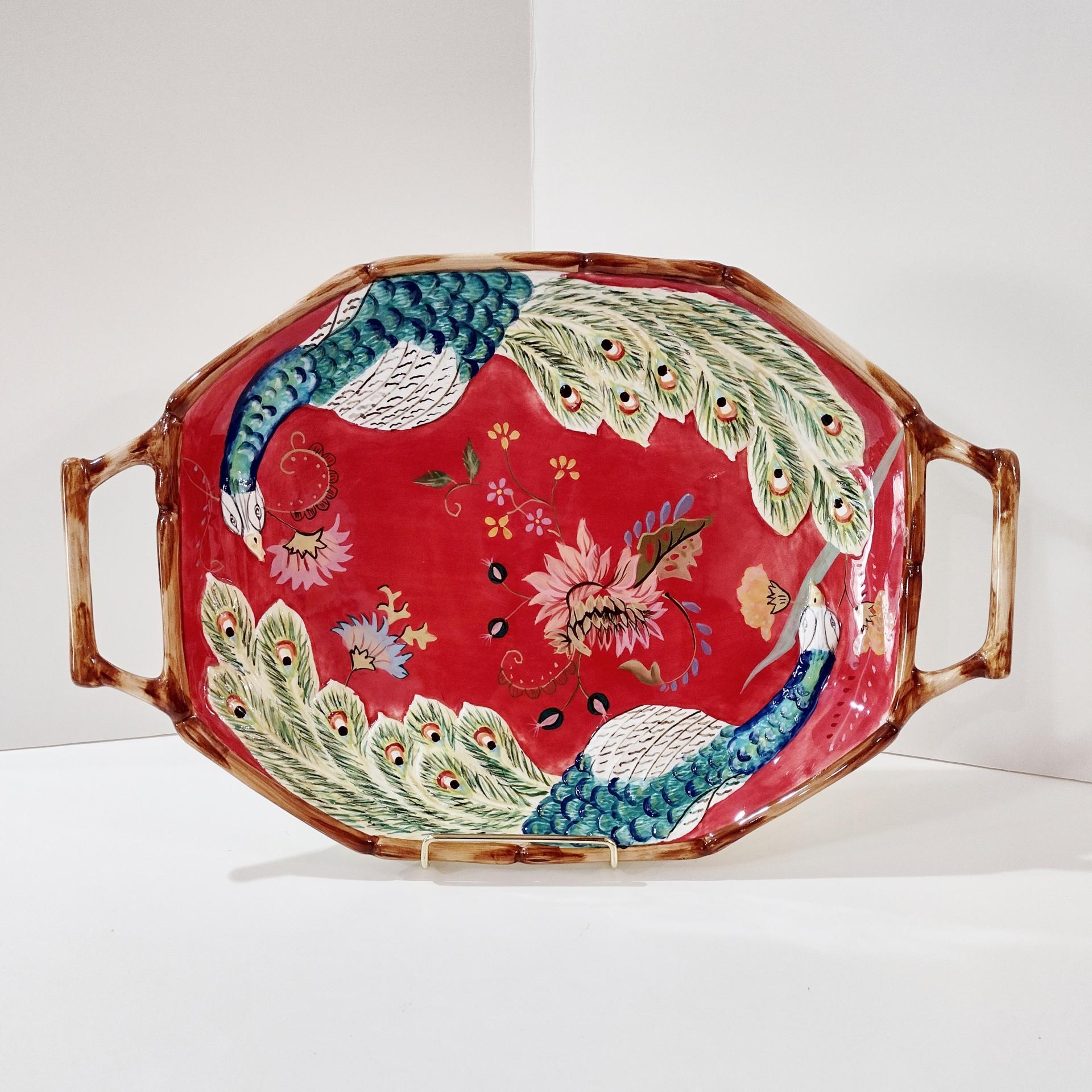 Vintage Hand Painted Tracy Porter The Artesian Road Ceramic Serving Tray Platter, Peacock Floral Design