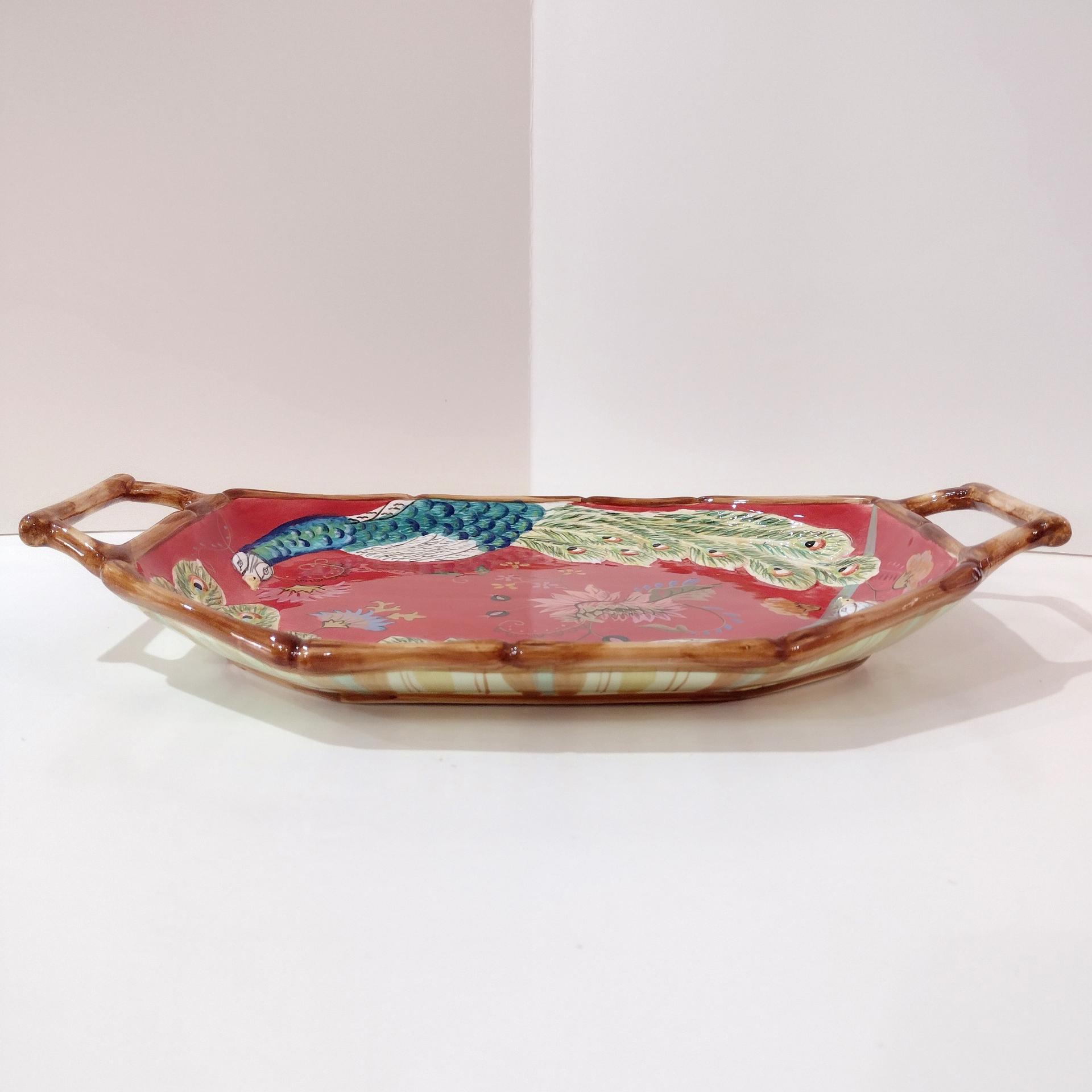 Vintage Hand Painted Tracy Porter The Artesian Road Ceramic Serving Tray Platter, Peacock Floral Design