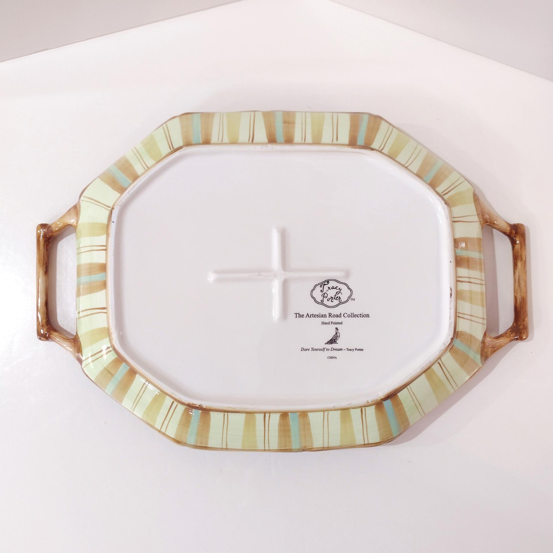 Vintage Hand Painted Tracy Porter The Artesian Road Ceramic Serving Tray Platter, Peacock Floral Design