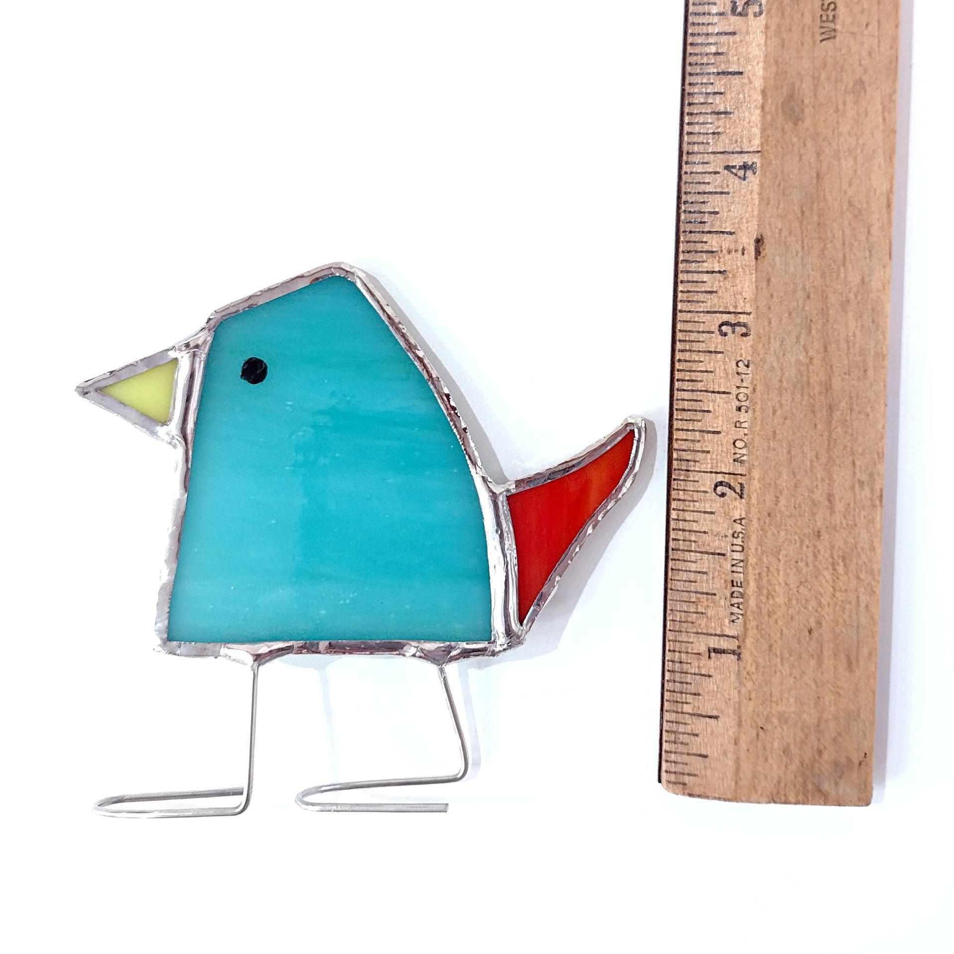 Stained Glass Standing Bird, Funky Glass Bird, Blue and Red Bird Suncatcher, Windowsill Sitter Free Standing Bird