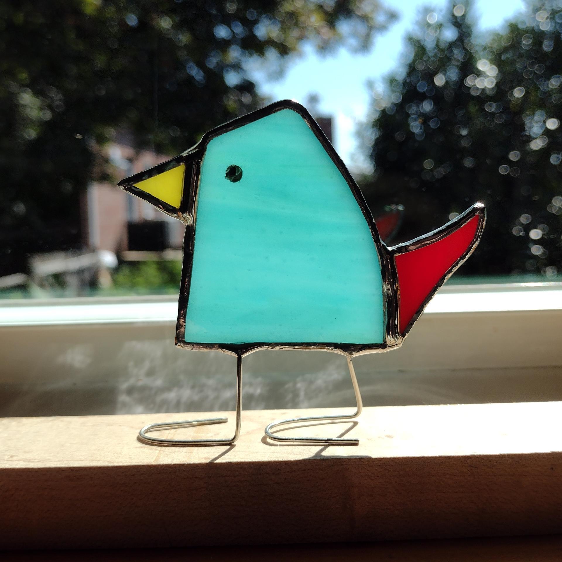 Stained Glass Standing Bird, Funky Glass Bird, Blue and Red Bird Suncatcher, Windowsill Sitter Free Standing Bird
