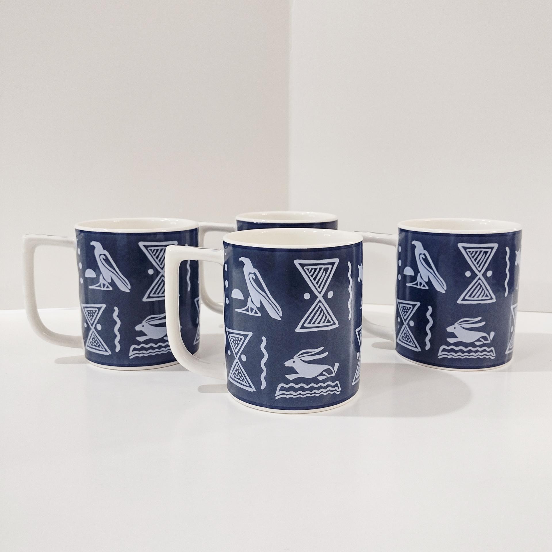 Vintage Mikasa Blue Tribal Arts Coffee Tea Mugs, Set of Four