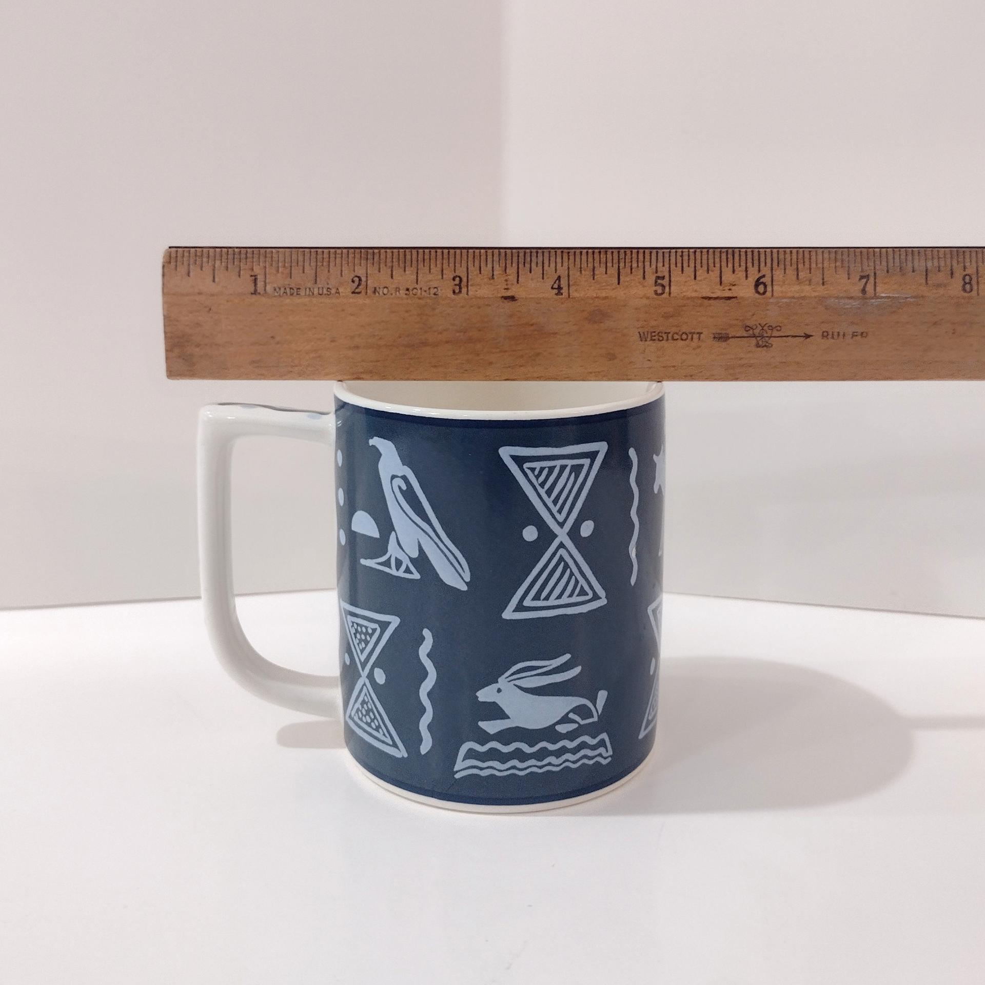Vintage Mikasa Blue Tribal Arts Coffee Tea Mugs, Set of Four