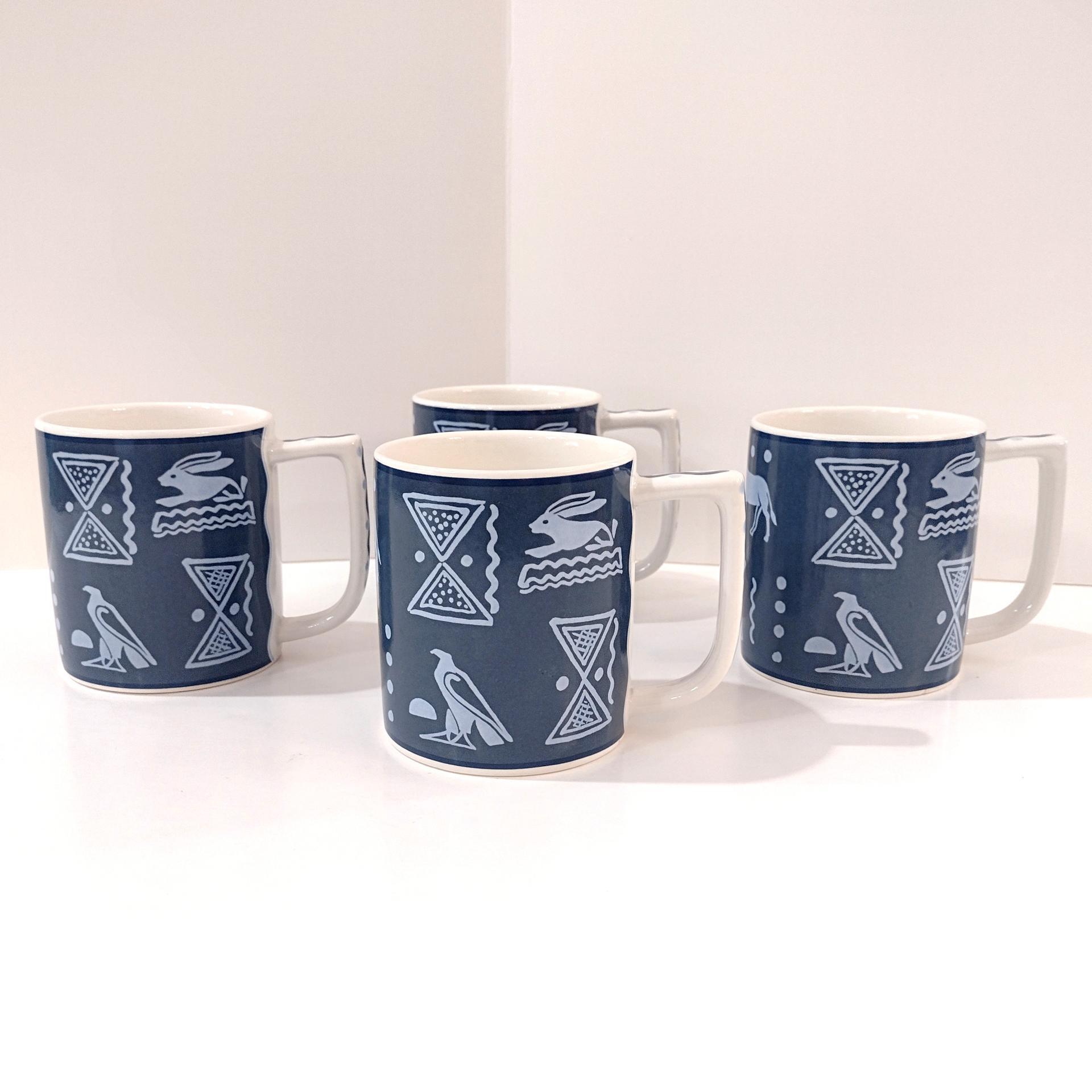 Vintage Mikasa Blue Tribal Arts Coffee Tea Mugs, Set of Four
