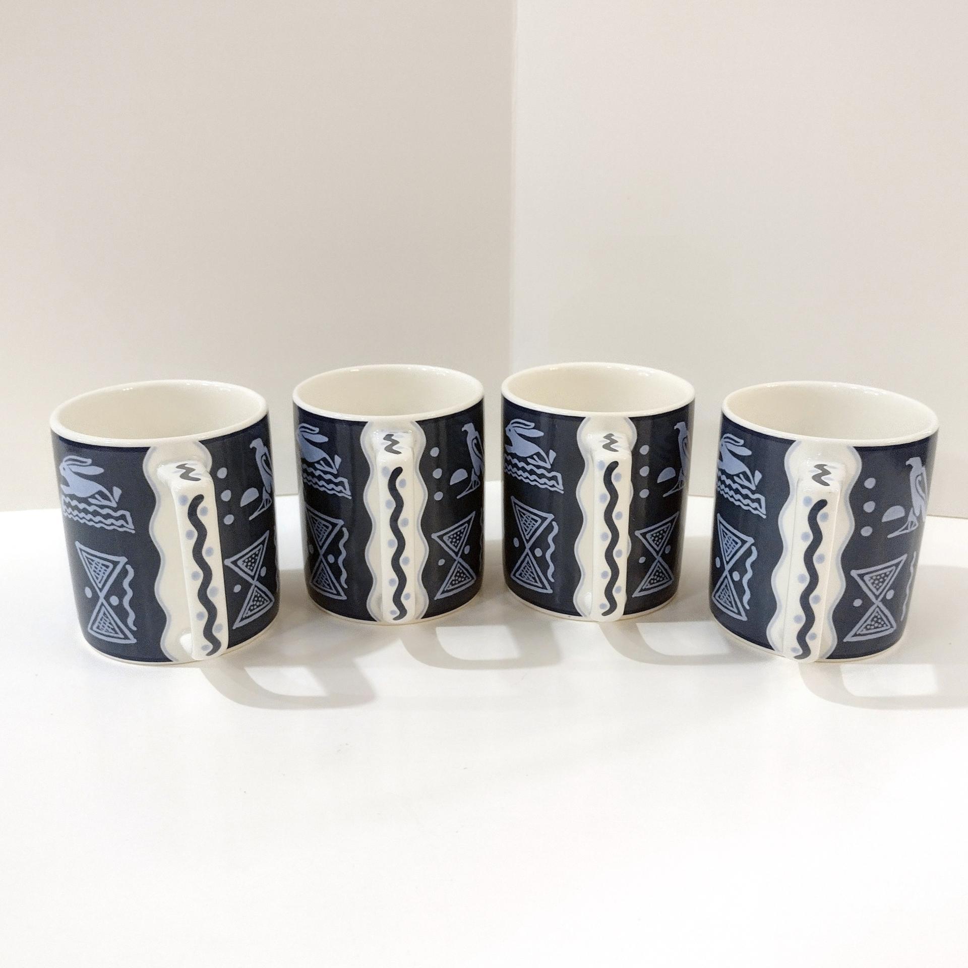 Vintage Mikasa Blue Tribal Arts Coffee Tea Mugs, Set of Four