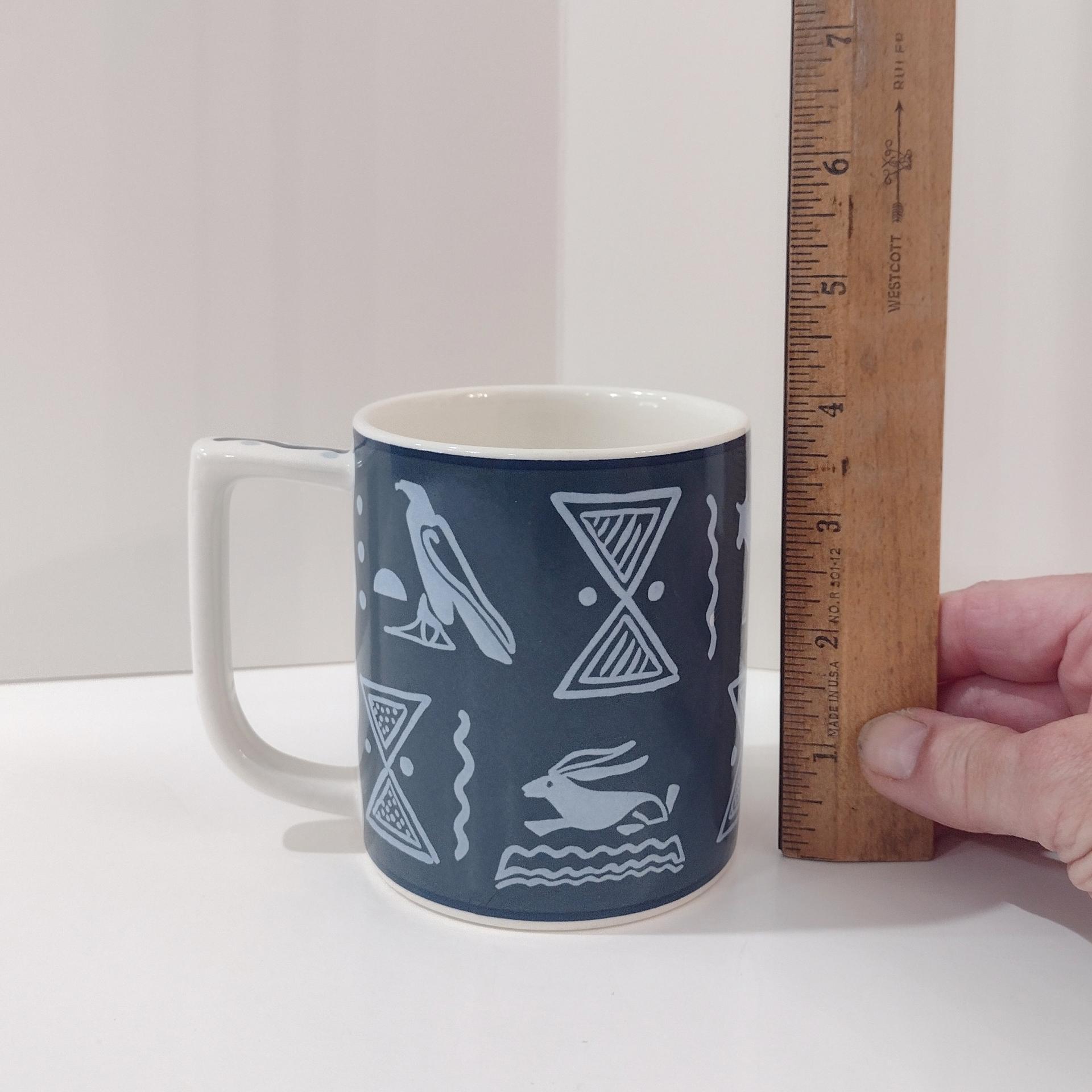 Vintage Mikasa Blue Tribal Arts Coffee Tea Mugs, Set of Four