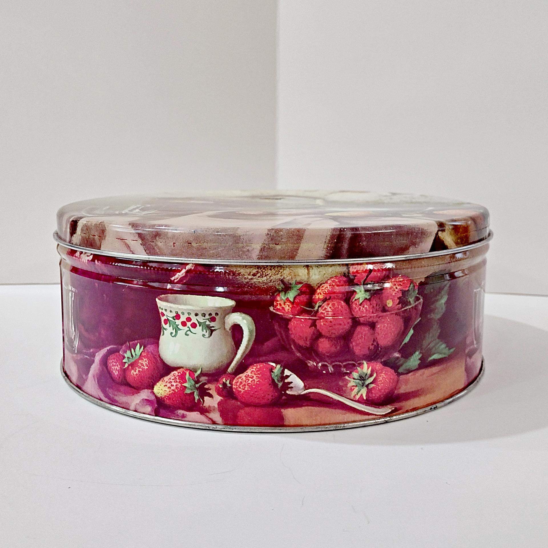 Vintage Robert Chailloux Regal Tea Large Round Cookie Tin, Tea Kettle and Strawberries 10 Inch Metal Tin Storage Container