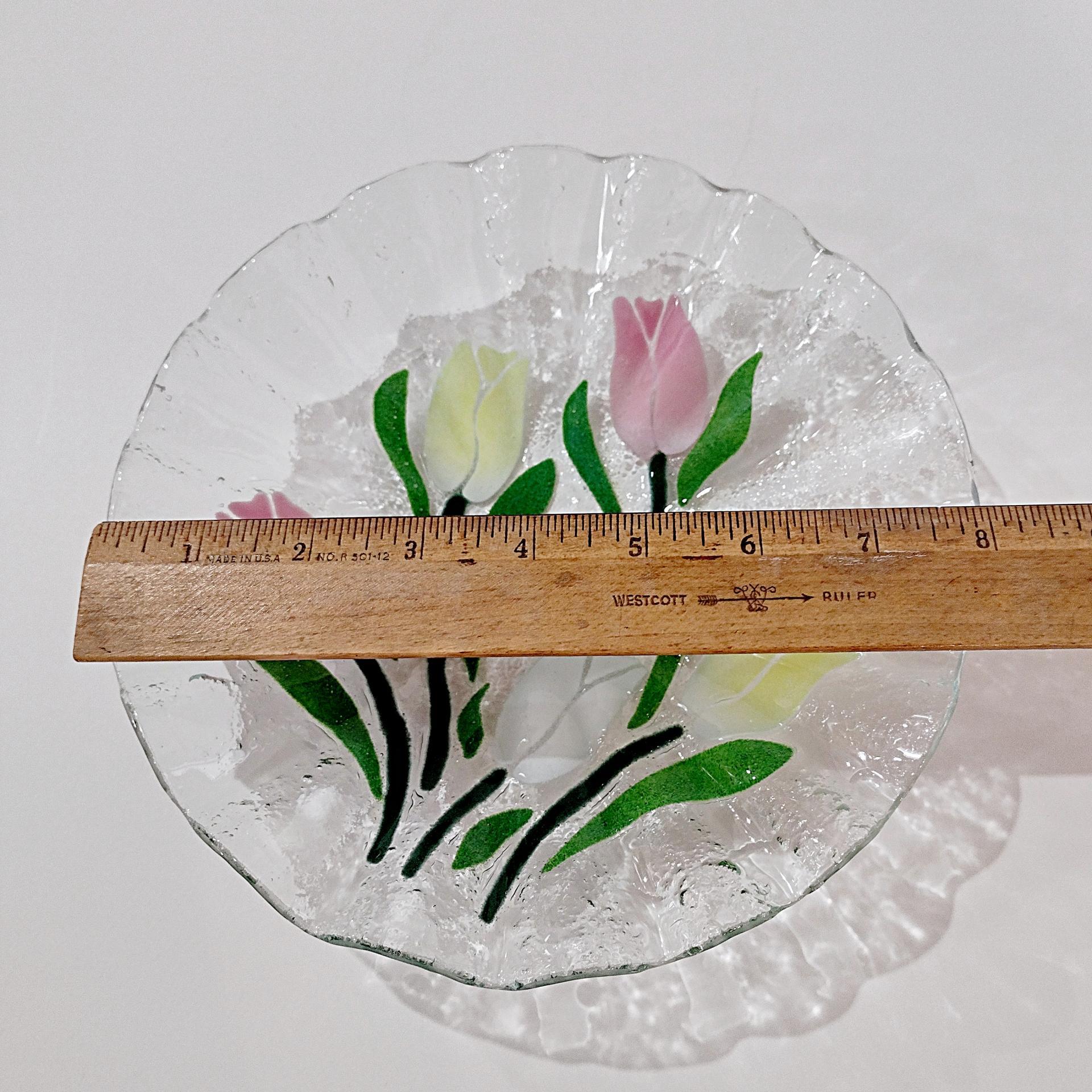 Vintage Sydenstricker Fused Glass Ruffled Floral Tulip Bowl, Pink Yellow White Tulips Bowl
