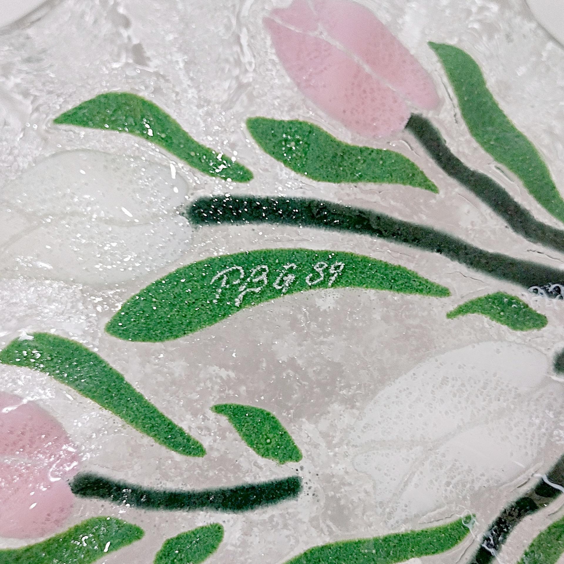 Vintage Sydenstricker Fused Glass Ruffled Floral Tulip Bowl, Pink Yellow White Tulips Bowl
