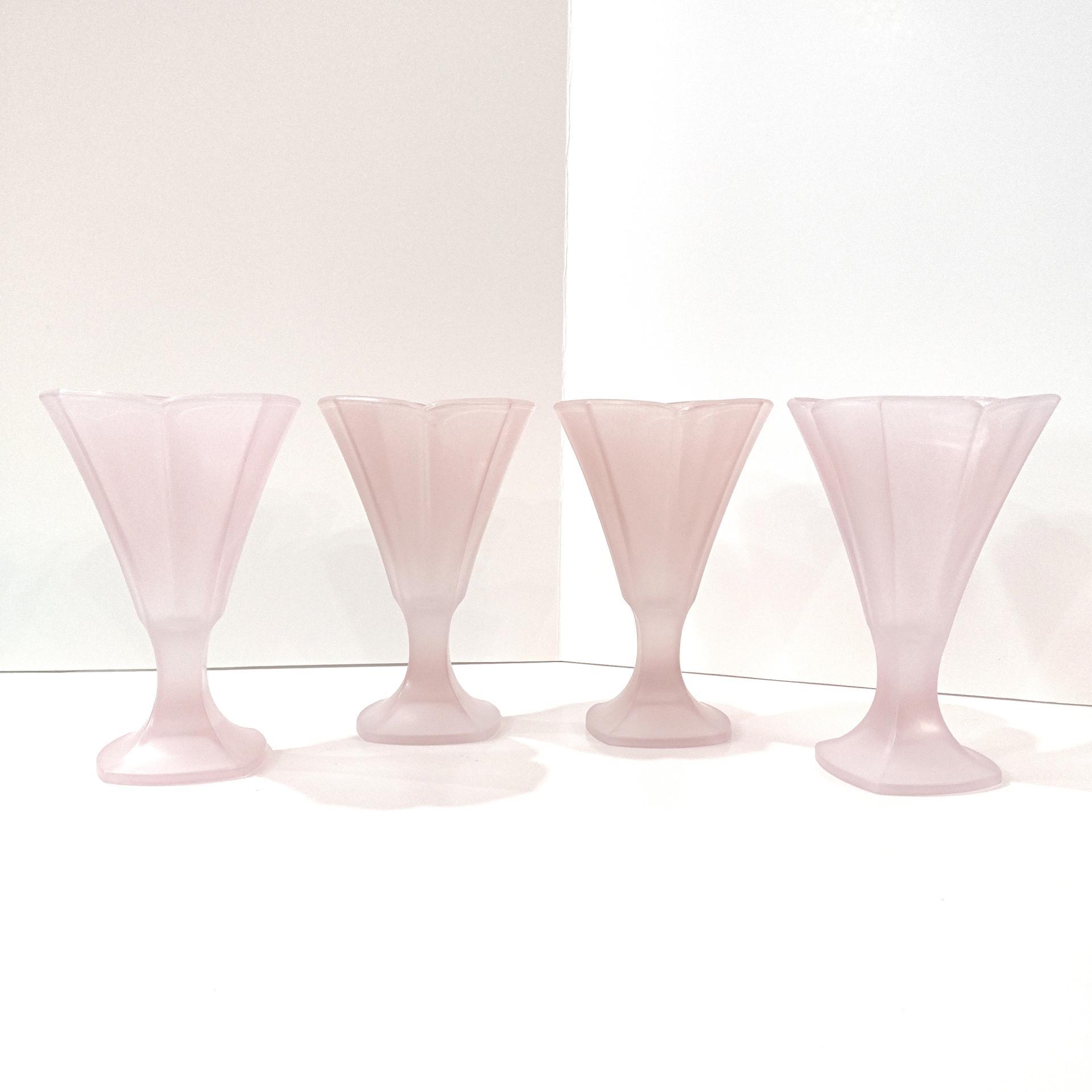 Vintage Luminarc France Frosted Pink Glass Parfait Sundae Dessert Glasses, Set of Four, Tulip Shaped Pastel Pink Glassware