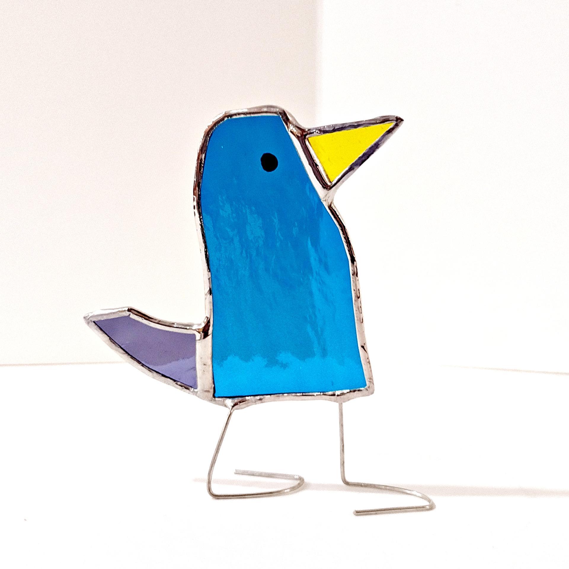 Stained Glass Standing Bird, Funky Blue and Purple Glass Bird Suncatcher, Bird Lover Gift