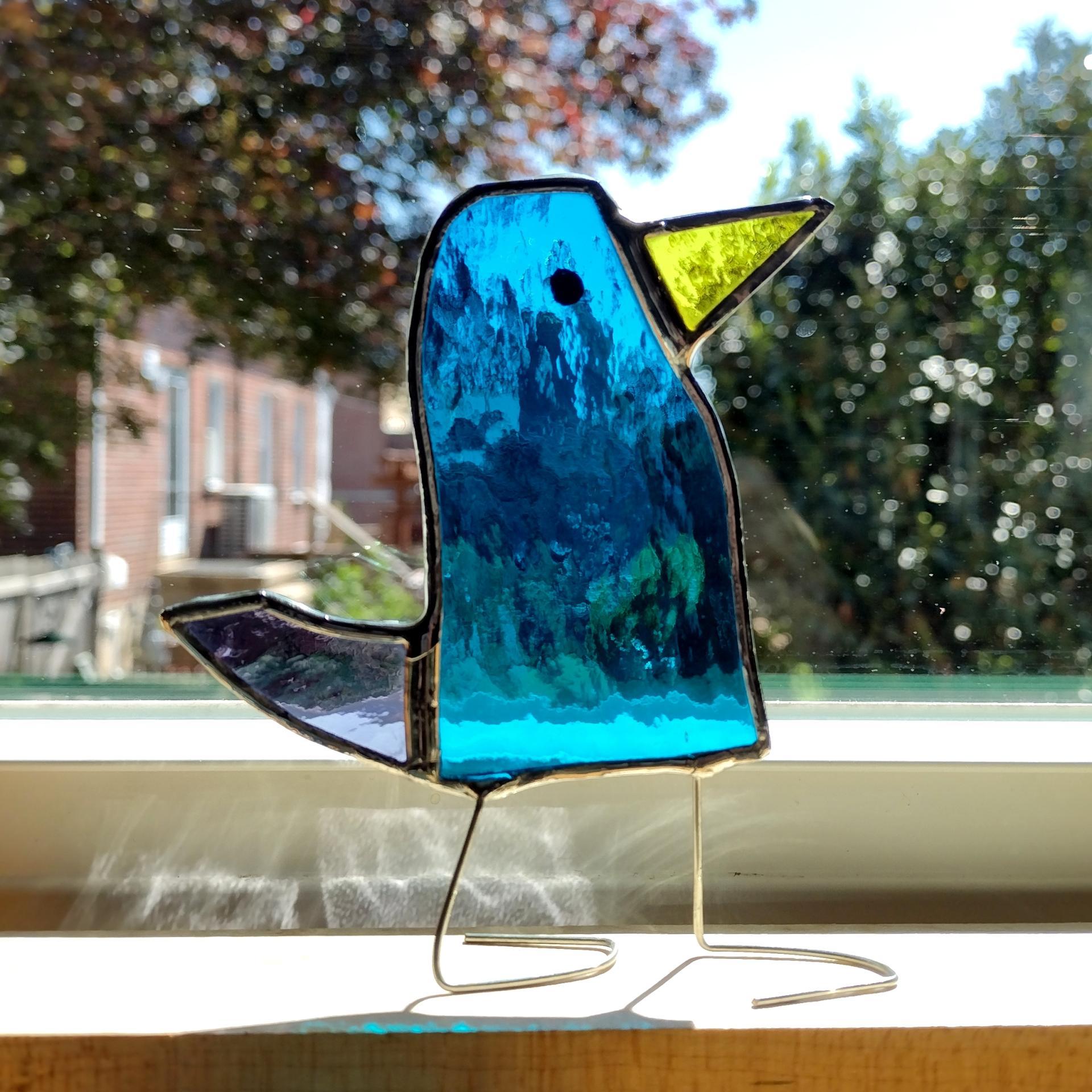 Stained Glass Standing Bird, Funky Blue and Purple Glass Bird Suncatcher, Bird Lover Gift