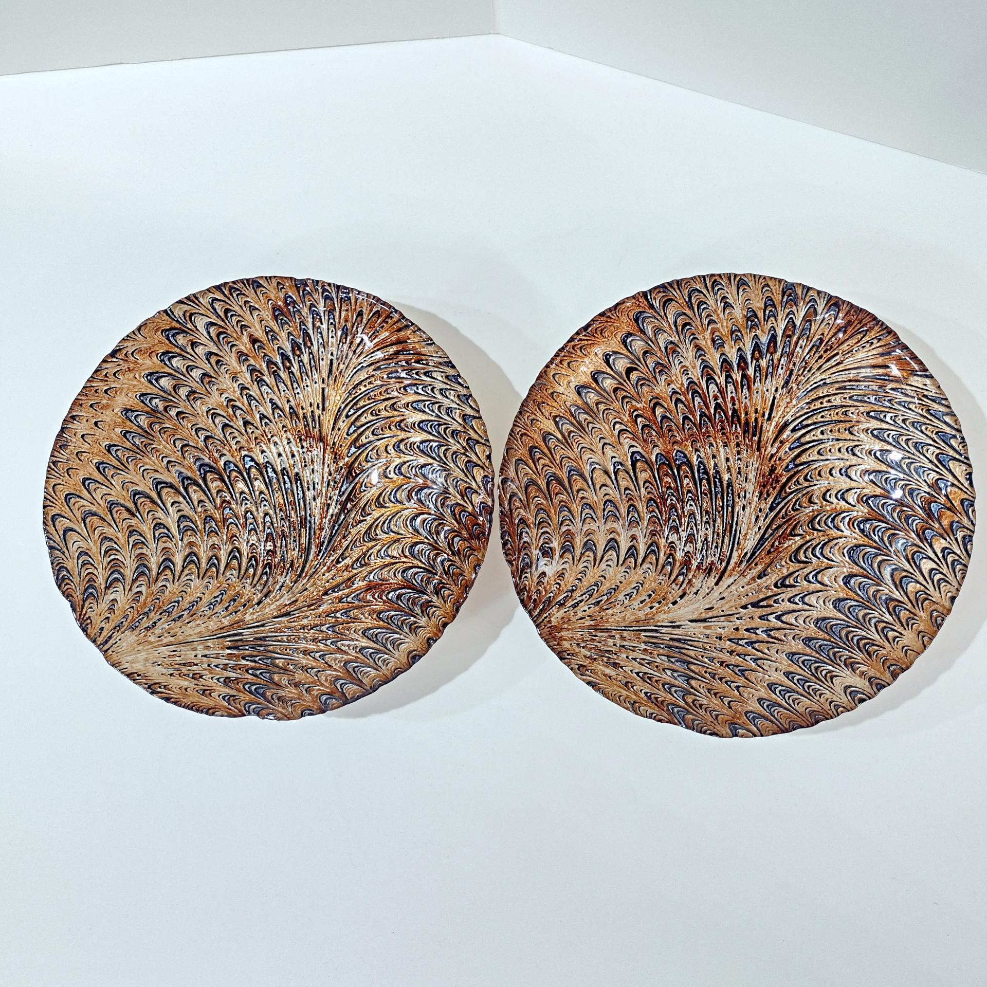 Vintage Turkish Art Glass Serving Bowl, Reverse Painted Peacock Swirl Design