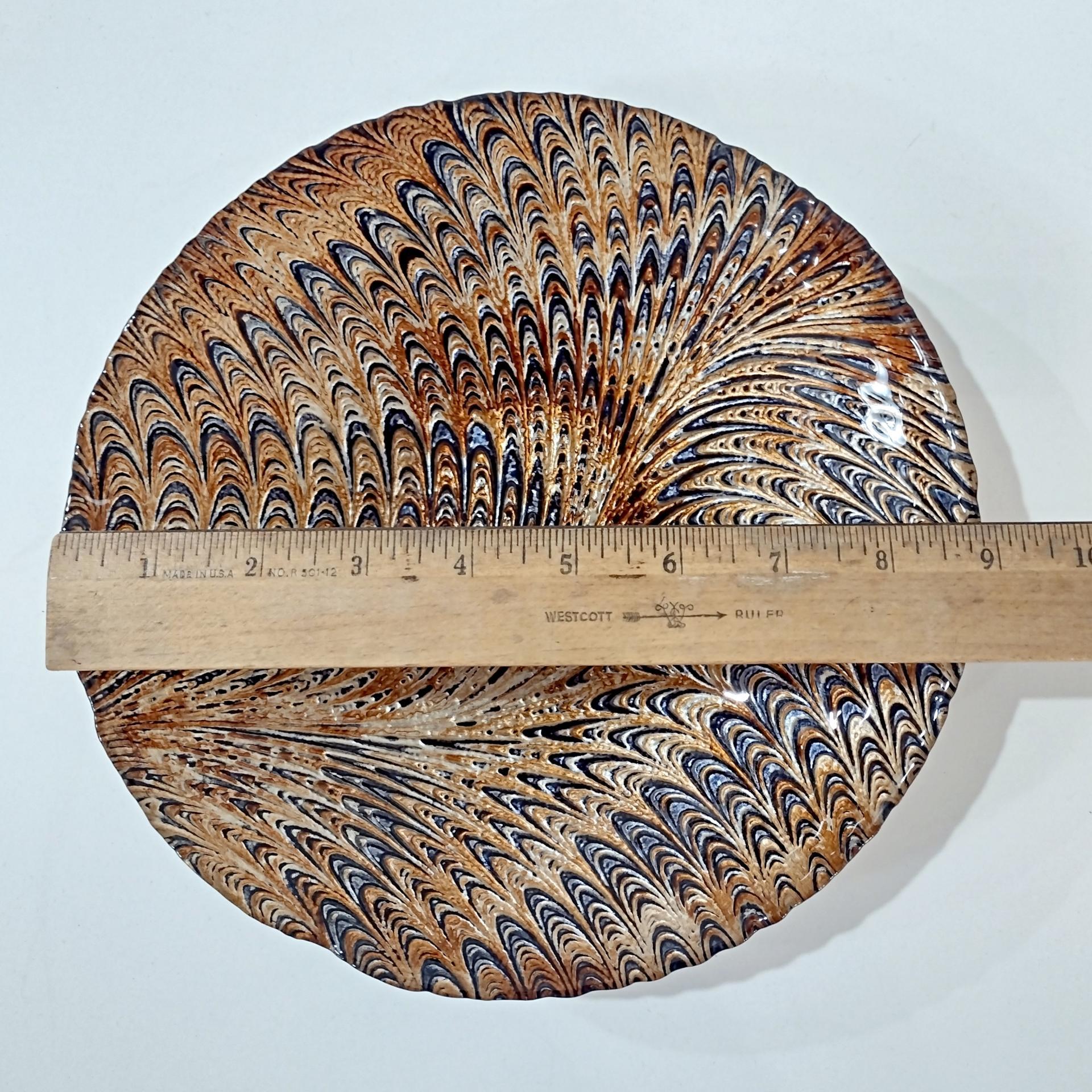 Vintage Turkish Art Glass Serving Bowl, Reverse Painted Peacock Swirl Design