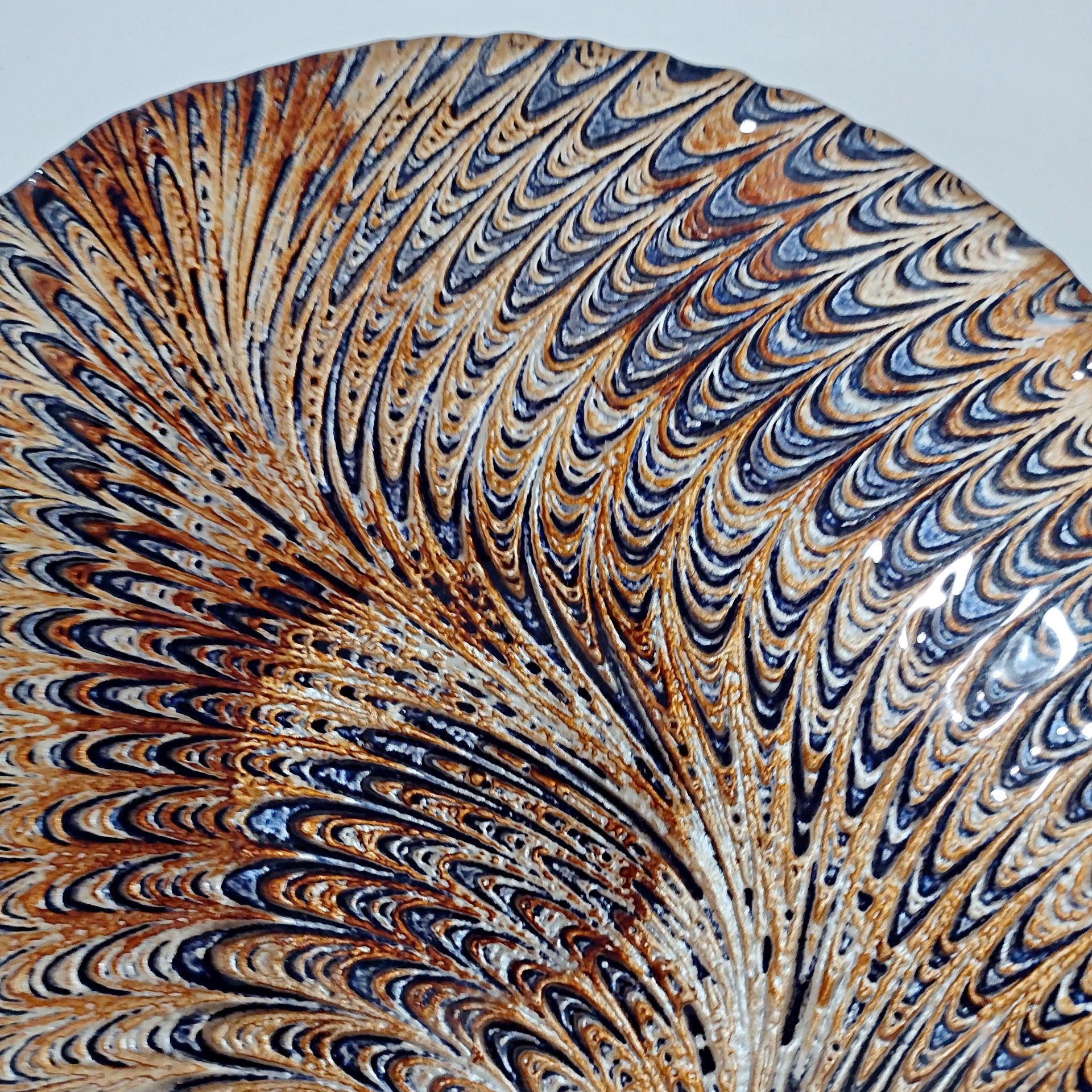 Vintage Turkish Art Glass Serving Bowl, Reverse Painted Peacock Swirl Design