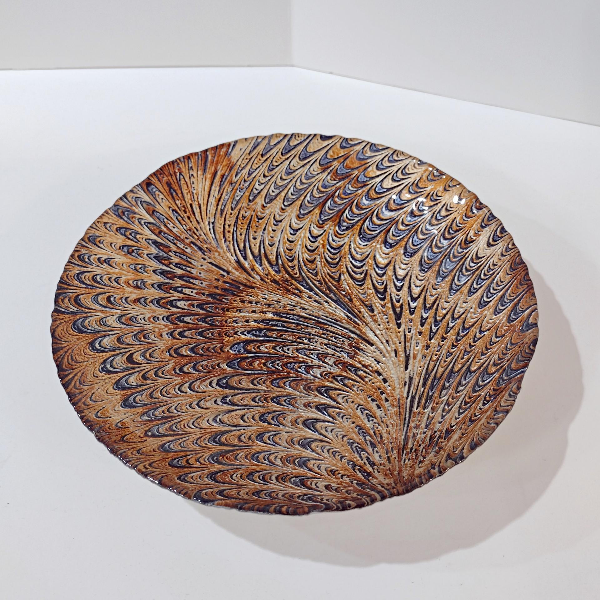 Vintage Turkish Art Glass Serving Bowl, Reverse Painted Peacock Swirl Design