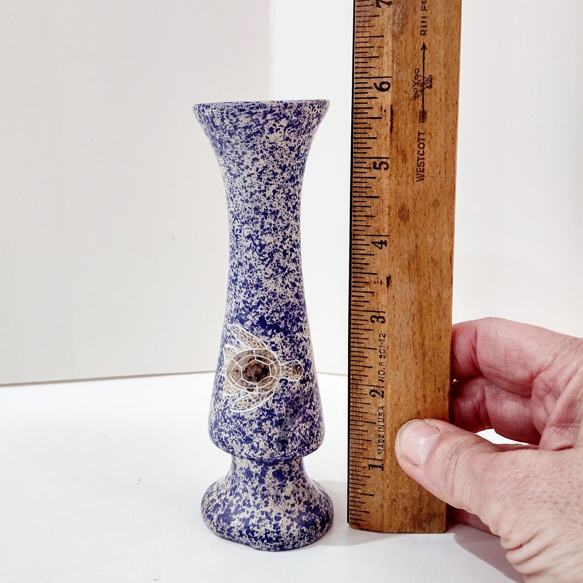 Vintage Turtle Blue and White Speckled Soapstone Bud Vase, African Carved Soapstone Vase