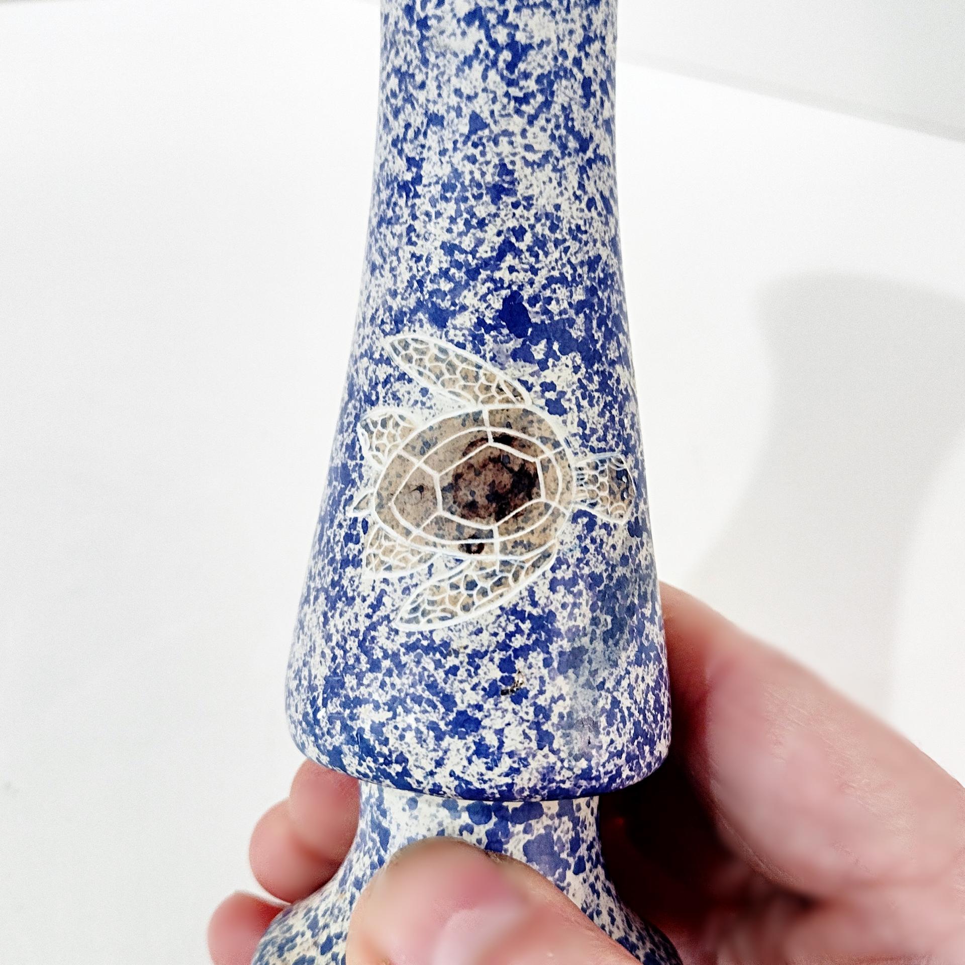Vintage Turtle Blue and White Speckled Soapstone Bud Vase, African Carved Soapstone Vase