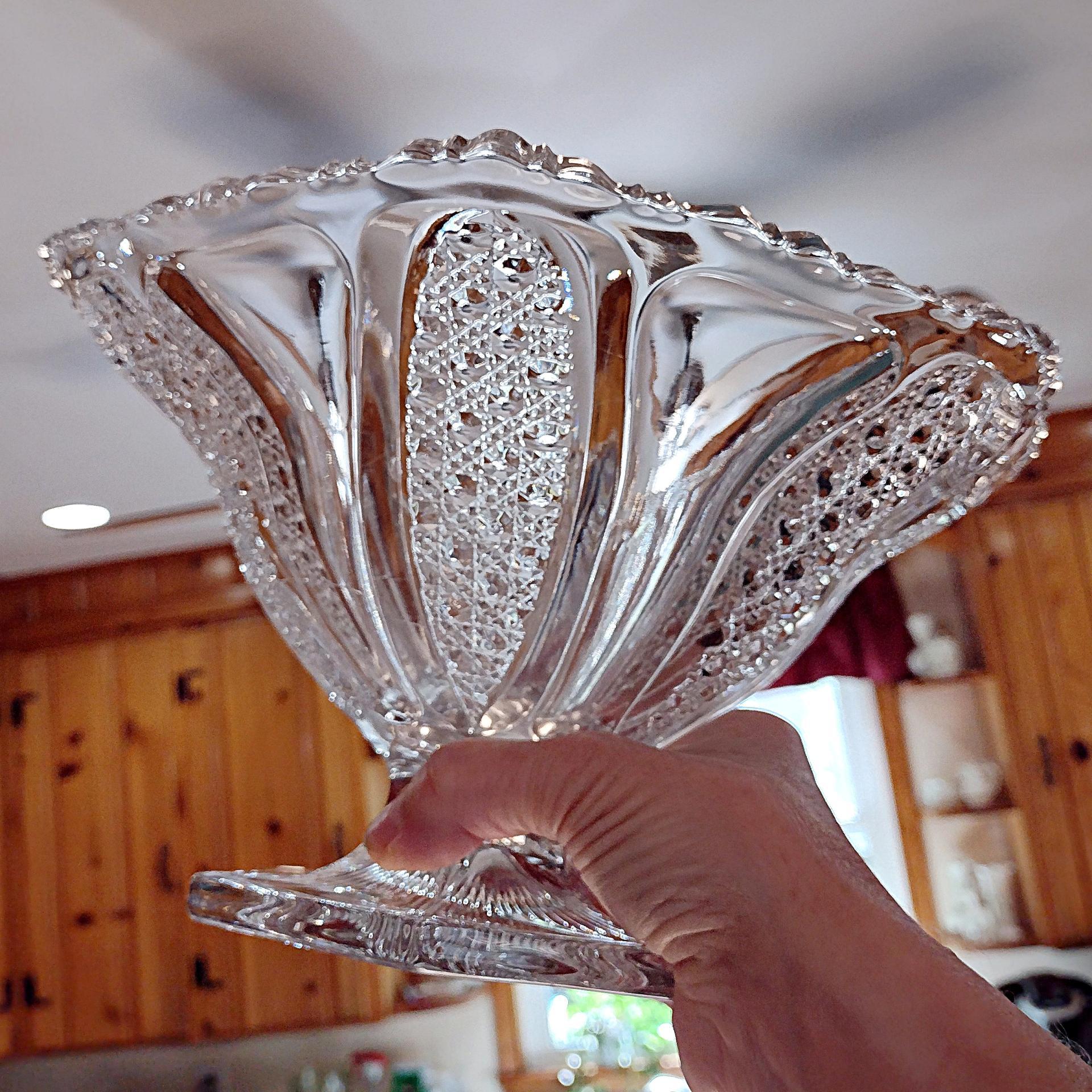 Antique Fostoria No 1578 Tuxedo Footed Clear Glass Fruit Bowl, Circa 1908, EAPG Paneled Button and Cane Decorative Centerpiece Bowl