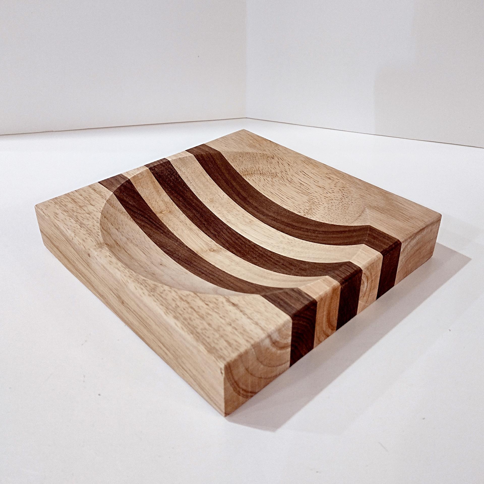 Vintage Wooden Ulu Chopping Bowl and Cutting Board, Birch and Walnut Wood Inlay 8 Inch Board