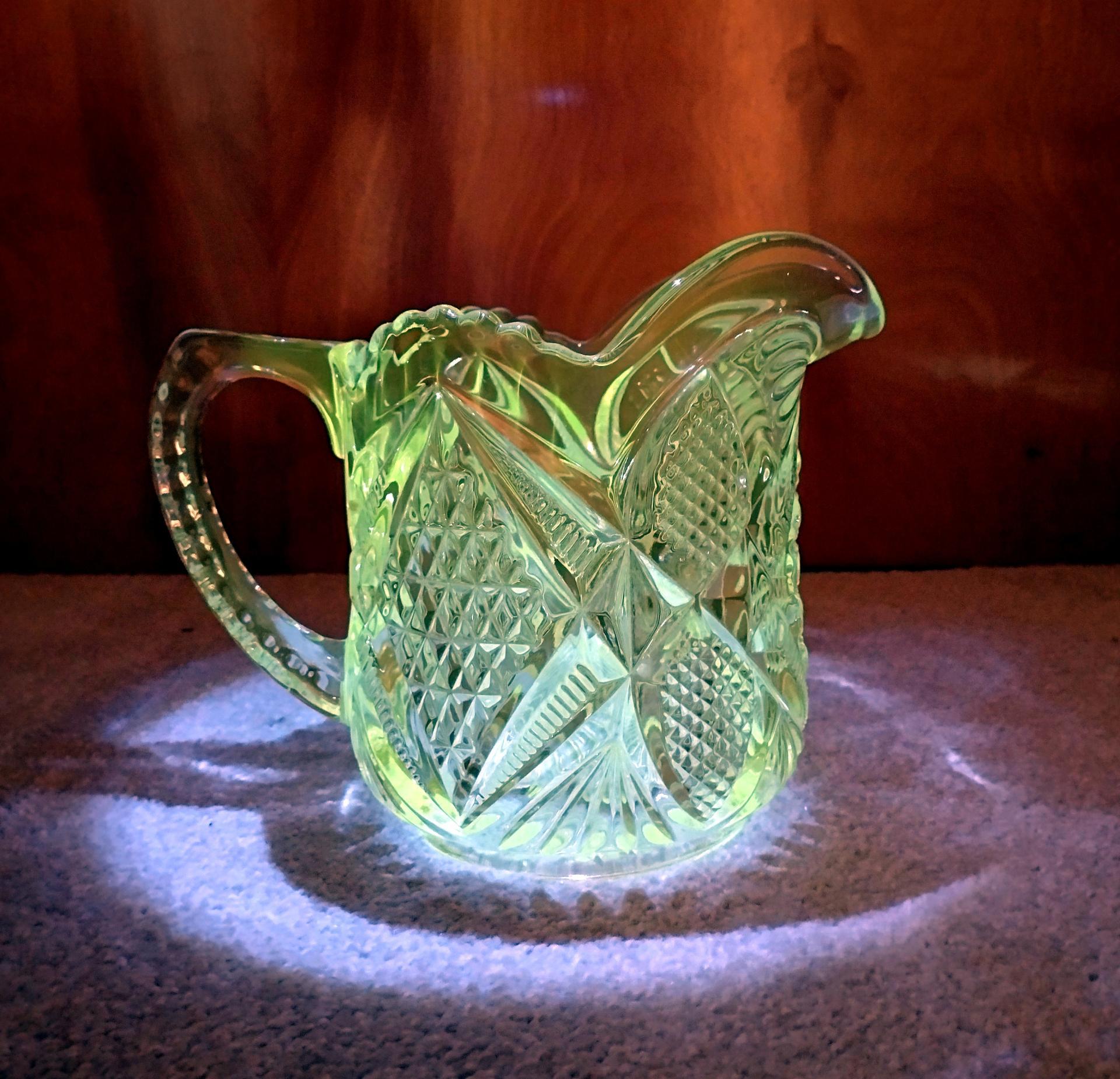 Antique Clear Pressed Glass Milk Pitcher, US Glass Company Pennsylvania #15048, Vintage EAPG Vaseline Glass