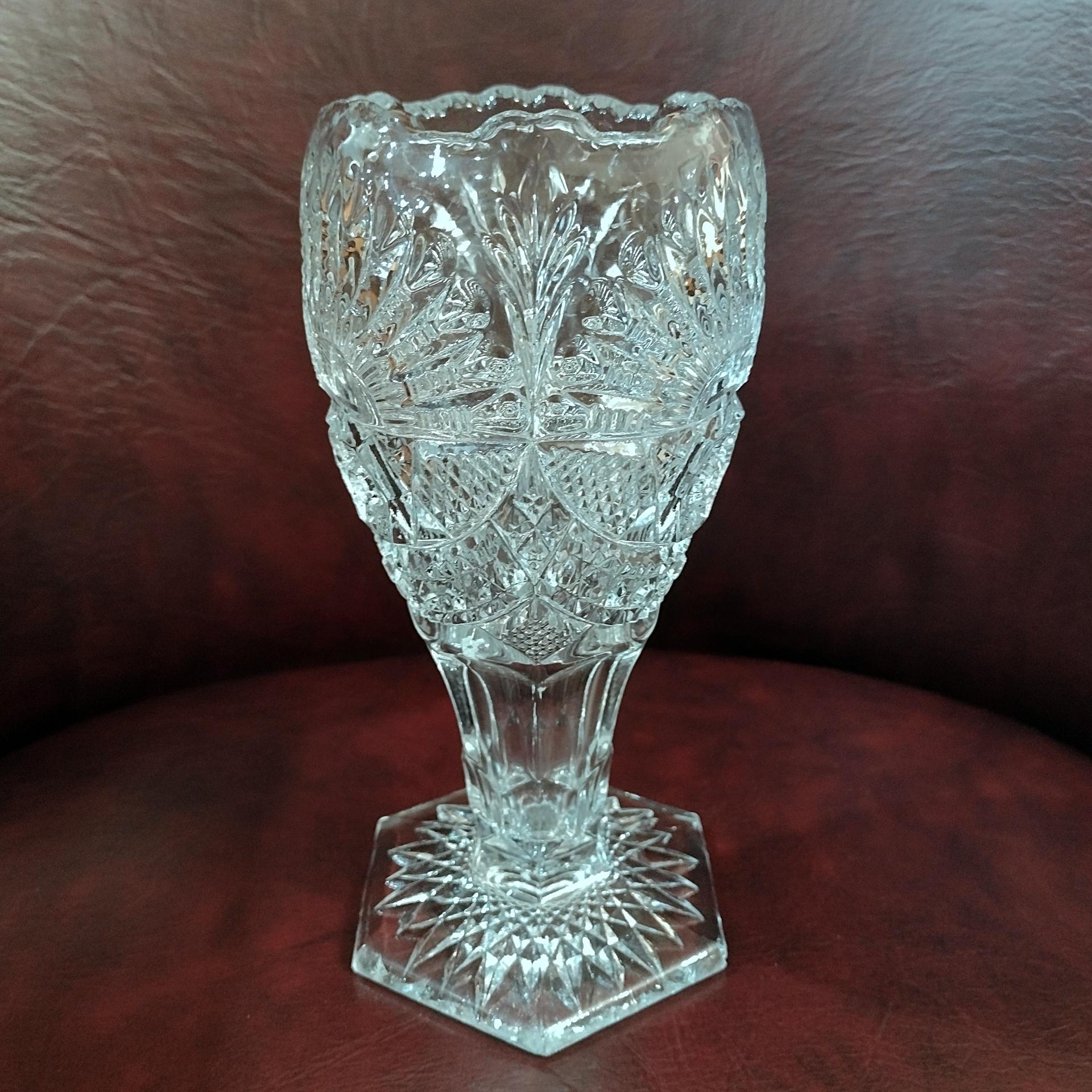 Antique US Glass Sunshine Rising Sun 7 Inch Clear Glass Flower Vase, Vintage Pressed Glass UV Reactive Vase