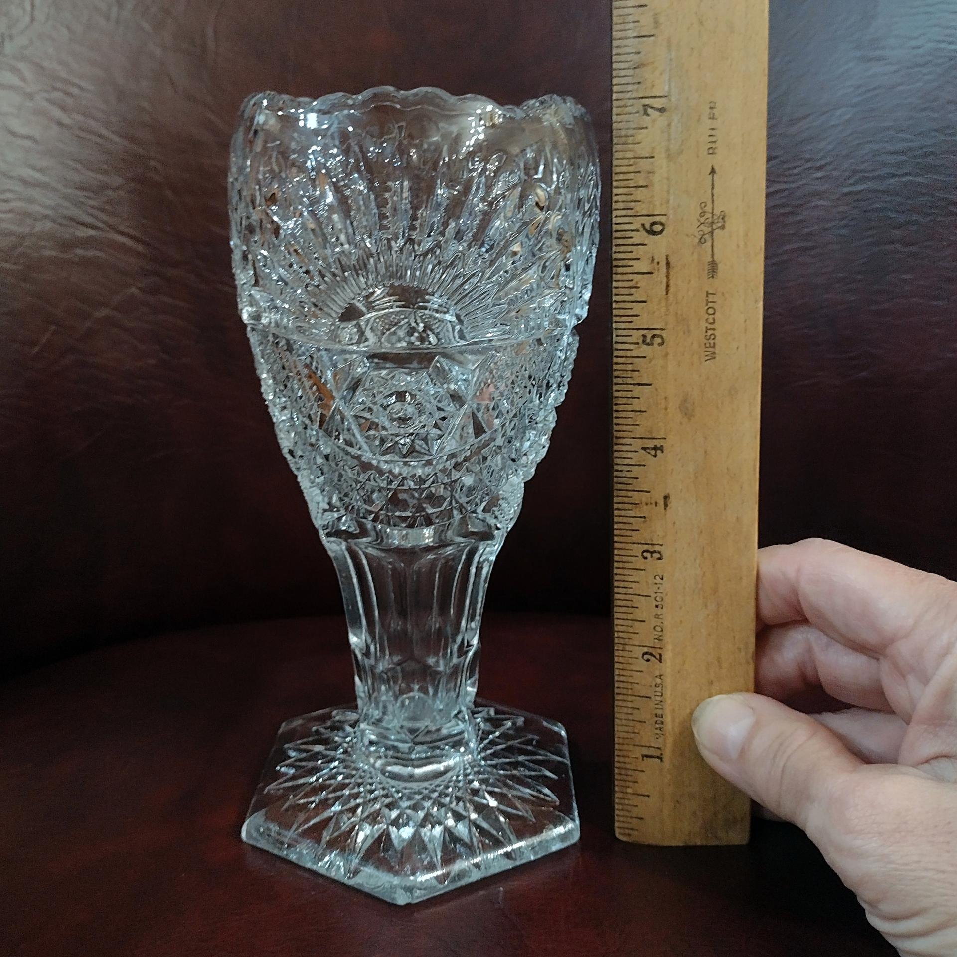 Antique US Glass Sunshine Rising Sun 7 Inch Clear Glass Flower Vase, Vintage Pressed Glass UV Reactive Vase