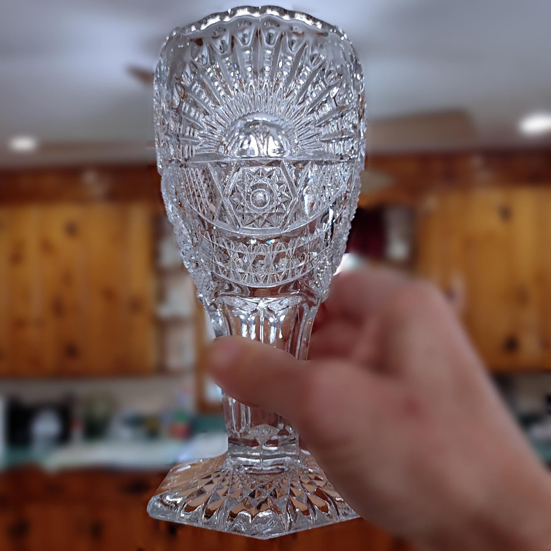 Antique US Glass Sunshine Rising Sun 7 Inch Clear Glass Flower Vase, Vintage Pressed Glass UV Reactive Vase