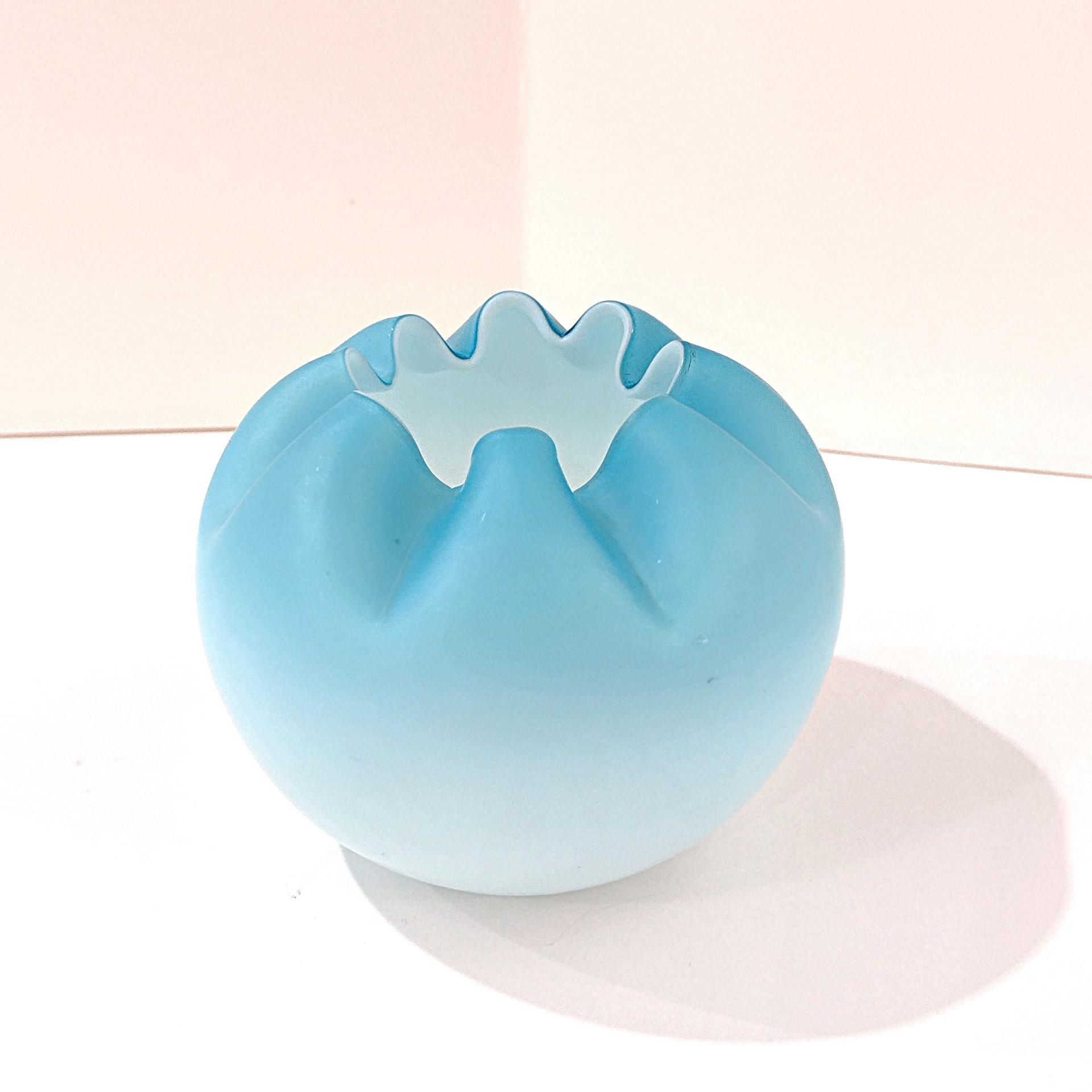 Antique Victorian Blue Ombre Satin Glass Rose Bowl, Light Blue Crimped Ruffled Round Vase, UV Reactive Uranium Glass