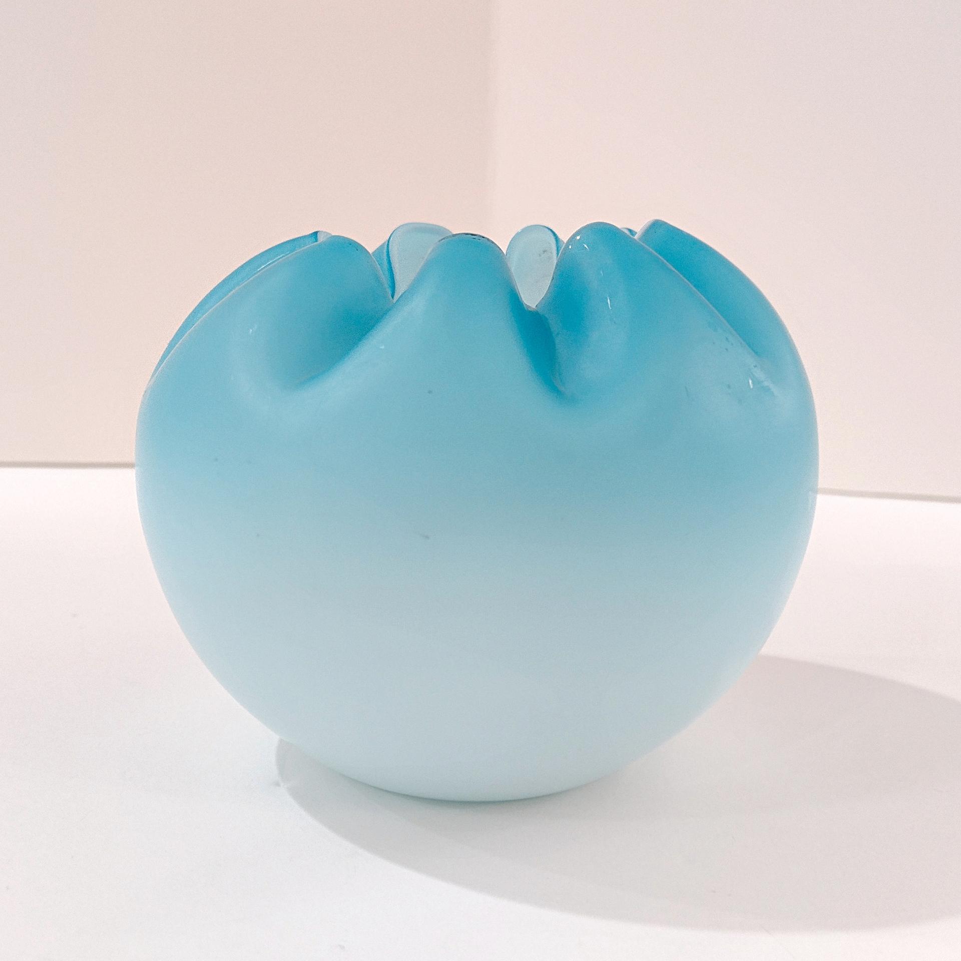 Antique Victorian Blue Ombre Satin Glass Rose Bowl, Light Blue Crimped Ruffled Round Vase, UV Reactive Uranium Glass