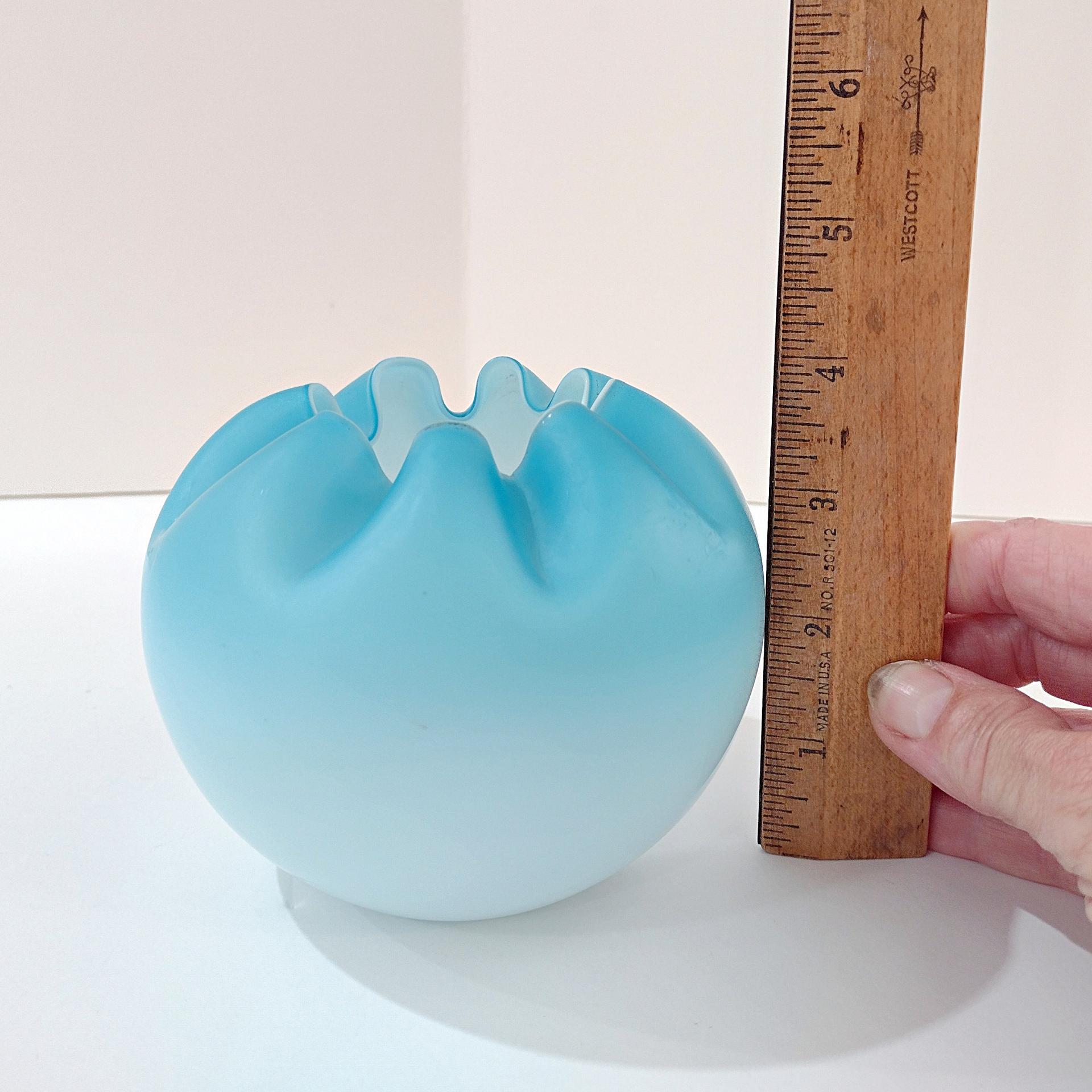 Antique Victorian Blue Ombre Satin Glass Rose Bowl, Light Blue Crimped Ruffled Round Vase, UV Reactive Uranium Glass