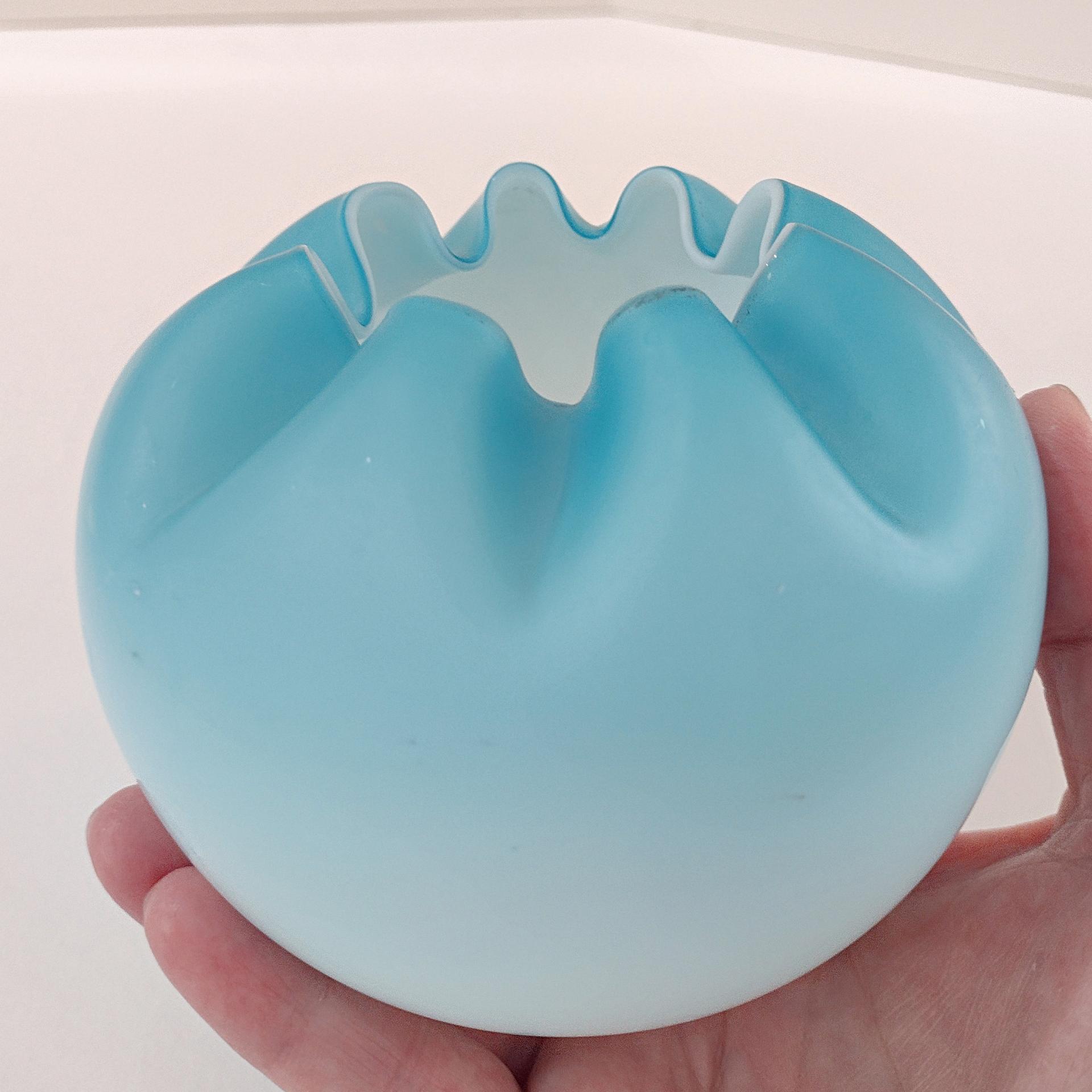 Antique Victorian Blue Ombre Satin Glass Rose Bowl, Light Blue Crimped Ruffled Round Vase, UV Reactive Uranium Glass
