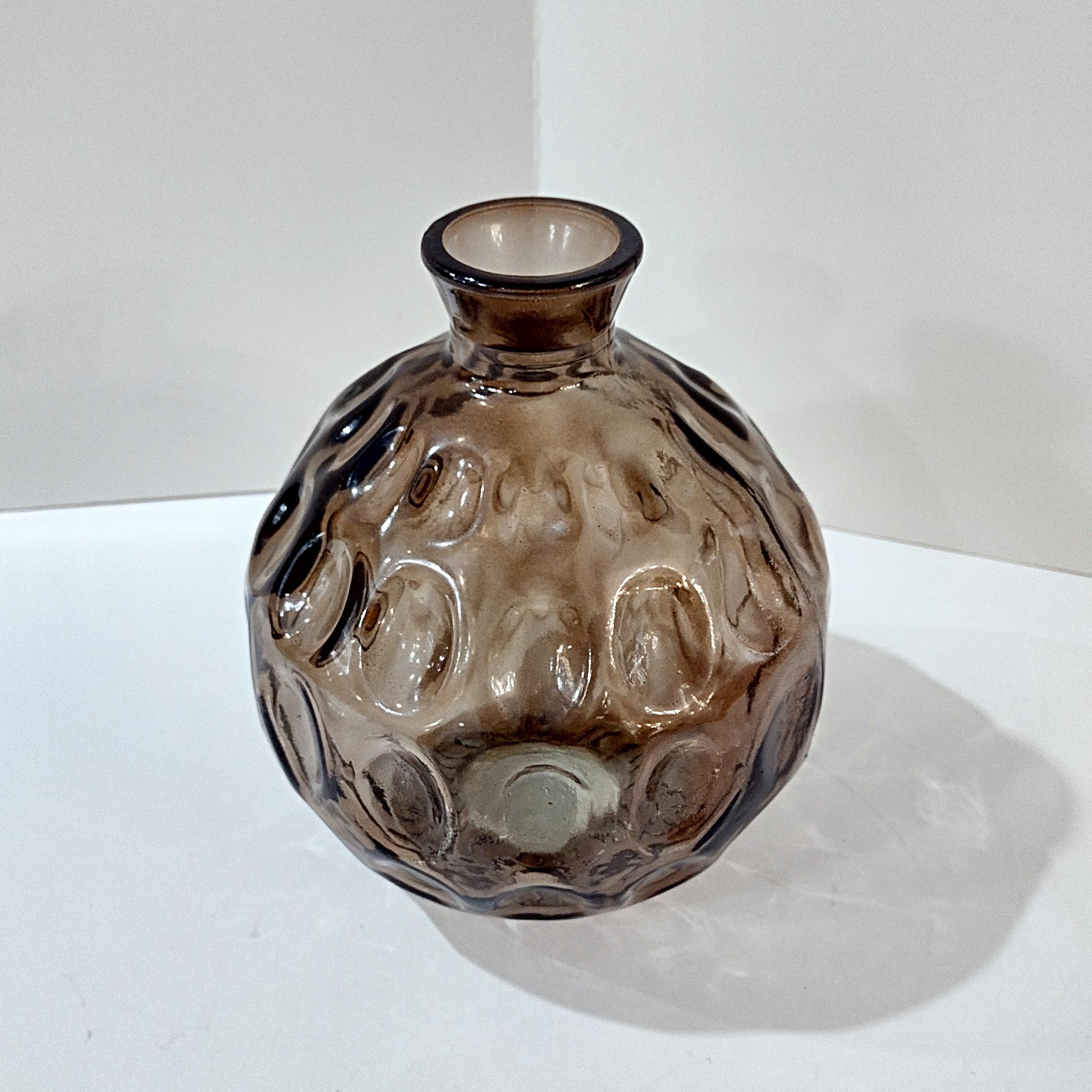 Vintage San Miguel Amber Brown Round Globe Thumbprint Recycled Glass Vase