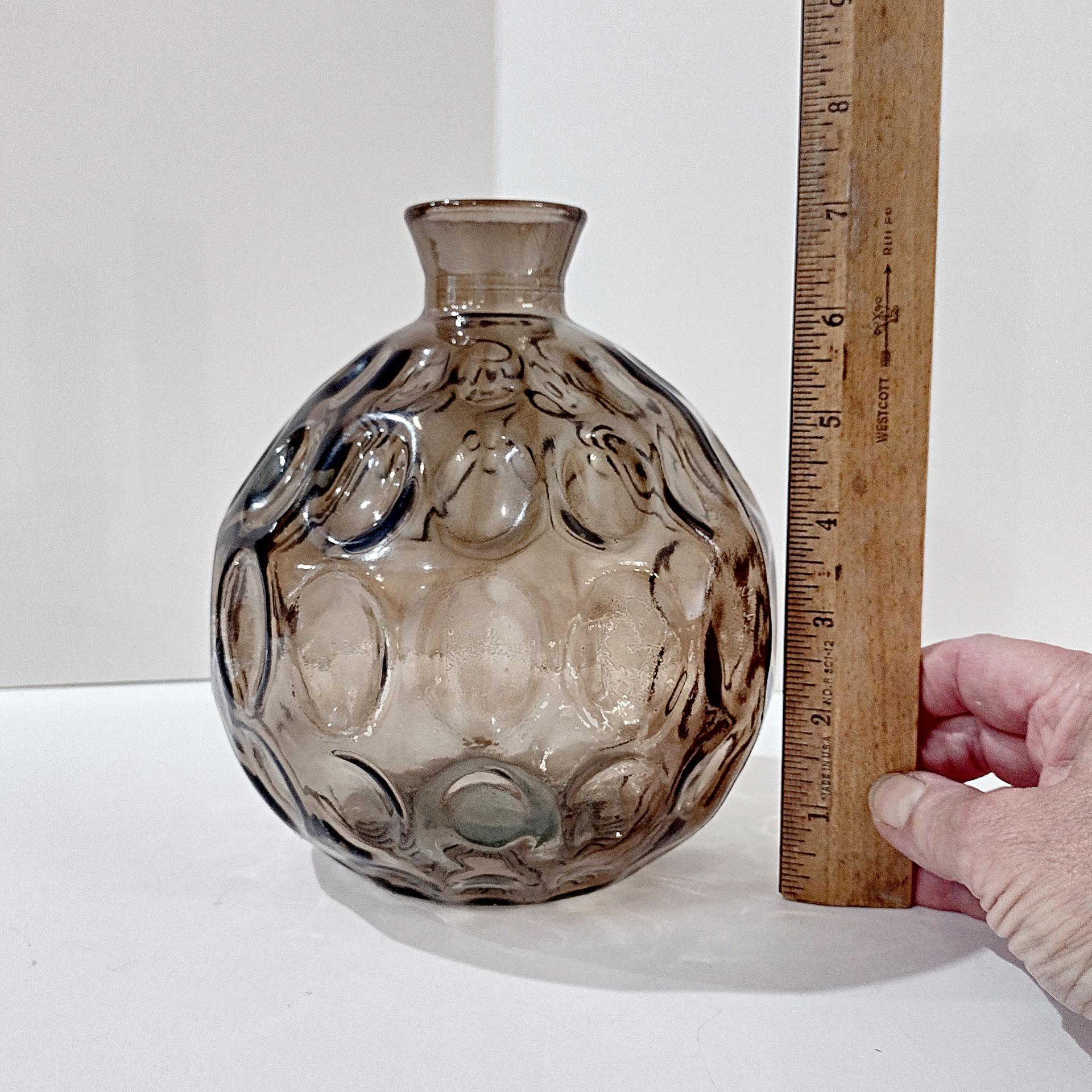 Vintage San Miguel Amber Brown Round Globe Thumbprint Recycled Glass Vase